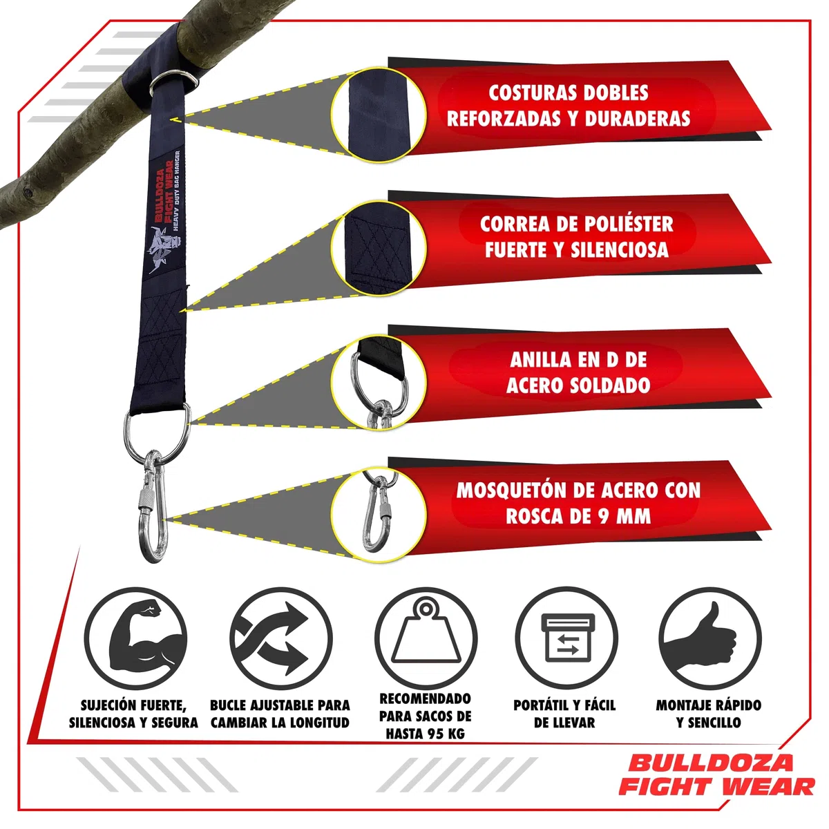 Bull Doza Fight Wear Correa Colgante de Saco de Boxeo – Silenciosa, Fuerte, Antideslizante, Disponible en 3 Longitudes