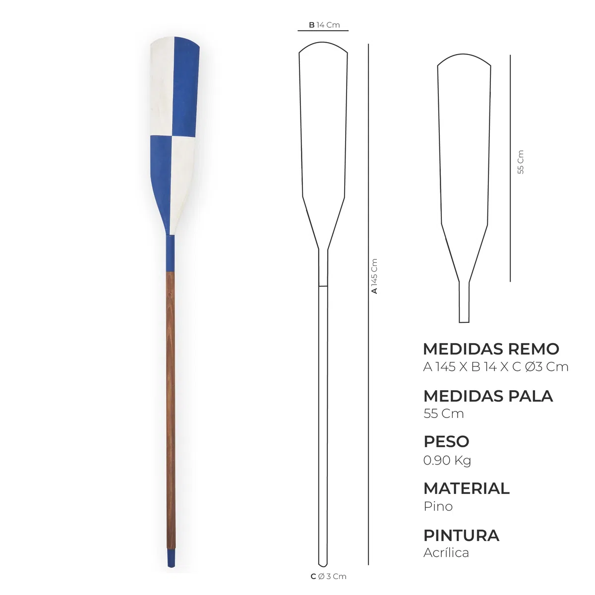 Remo decoración Nautica Pared, Medida 145cm, Artesanal en Madera (Azul y Blanco)