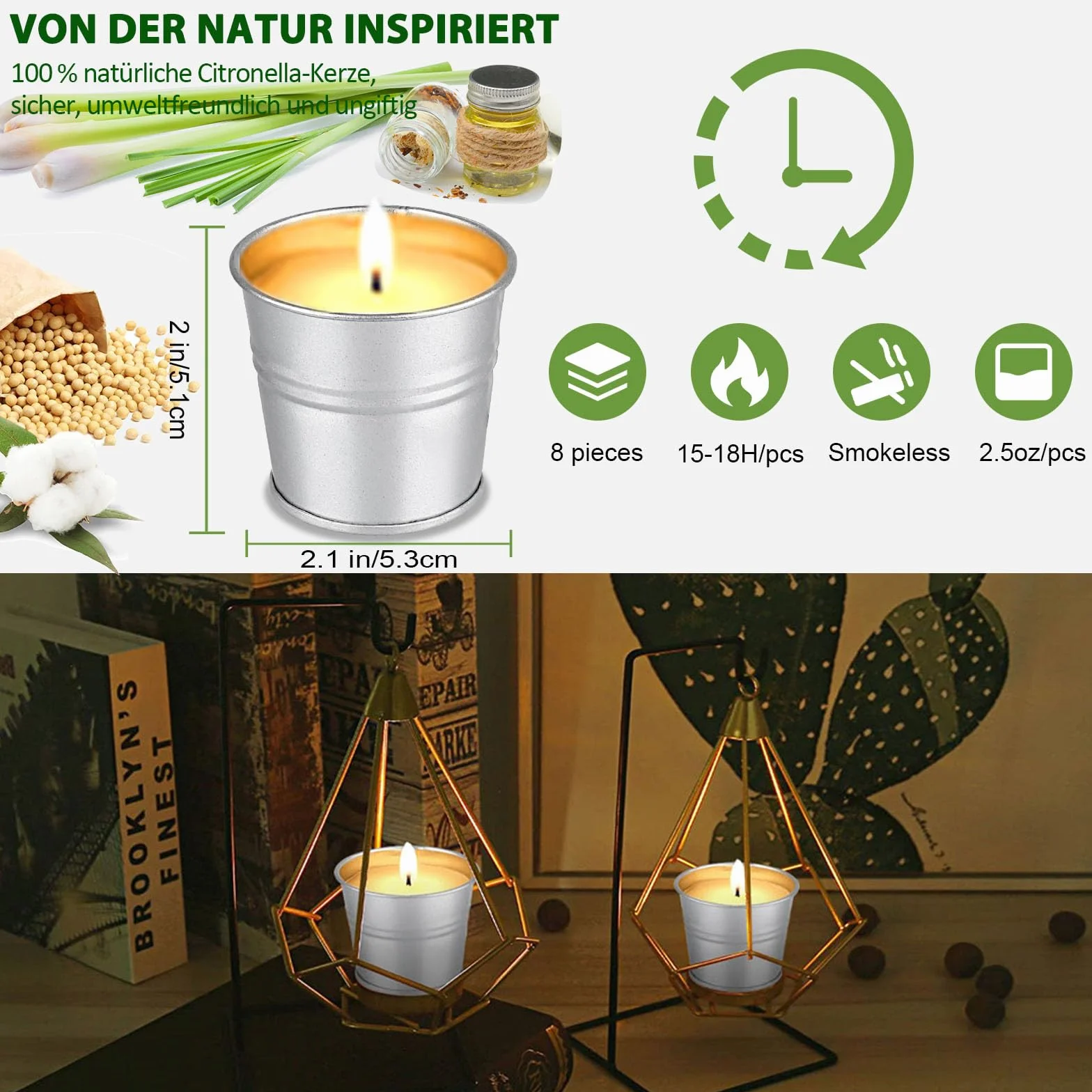 Velas de citronela para exteriores, 140 horas de combustión, 8 unidades, para exteriores, citronela, cera de soja, juego de velas de té de limón, velas perfumadas para interior y exterior, para