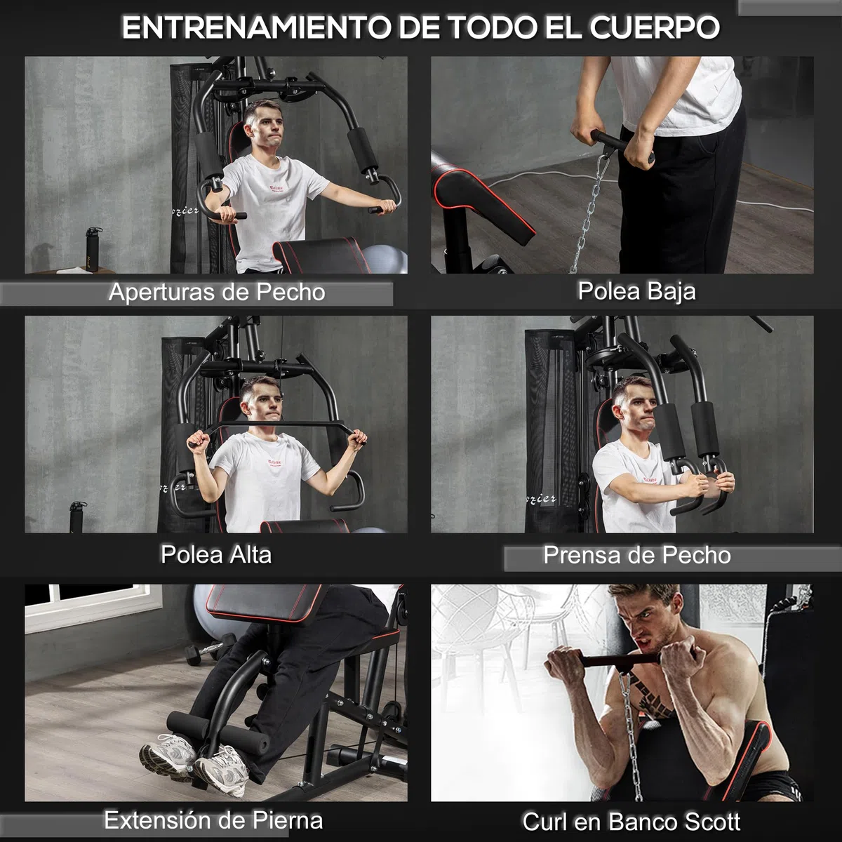 HOMCOM Multiestación Musculación Máquina de Musculación con Placas de Peso de 45 kg Polea y Prensa de Piernas y Pecho Carga 150 kg para Gimnasio Entrenamiento en Hagar Negro