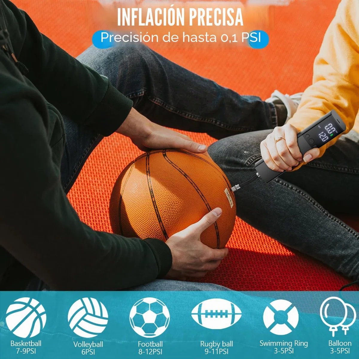 Bomba eléctrica para balones, Bomba automática portátil para inflado rápido de balones con manómetro preciso y Pantalla LCD Digital para Baloncesto, fútbol, Voleibol (2 Agujas y 1 Boquilla)