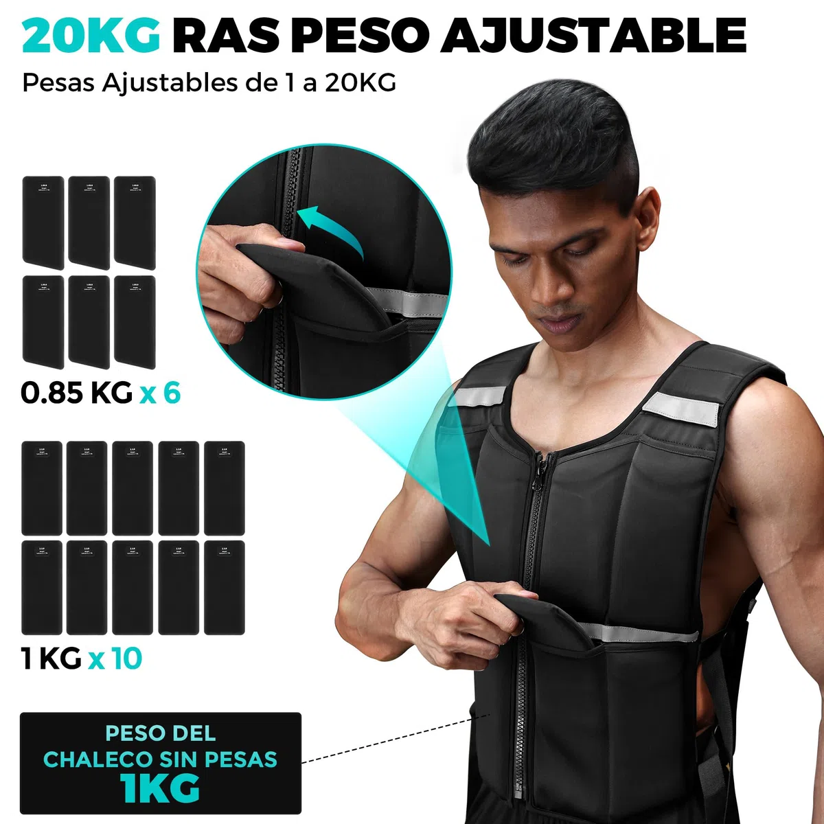 ONETWOFIT Chaleco Lastrado Ajustable 20 kg, Chaleco Peso Entrenamiento con 16 Pesas de Silicona, Chaleco Lastre con Cremallera, para Musculación y Entrenamiento de Fuerza,con bandas reflectantes