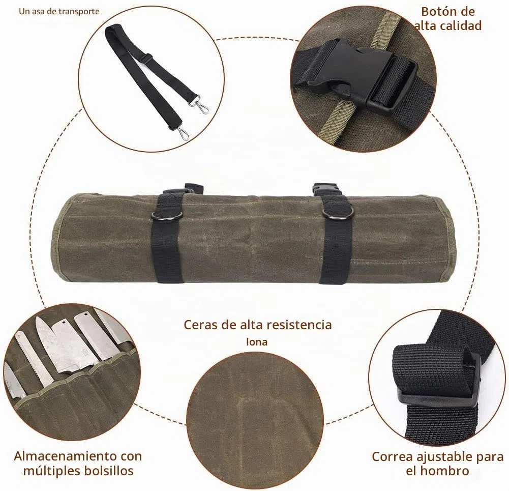 Bolsa para cuchillos, bolsa de lona encerada resistente para cuchillos, resistente al agua, funda para cuchillos para camping, senderismo,color caqui, tamaño 66*50CM