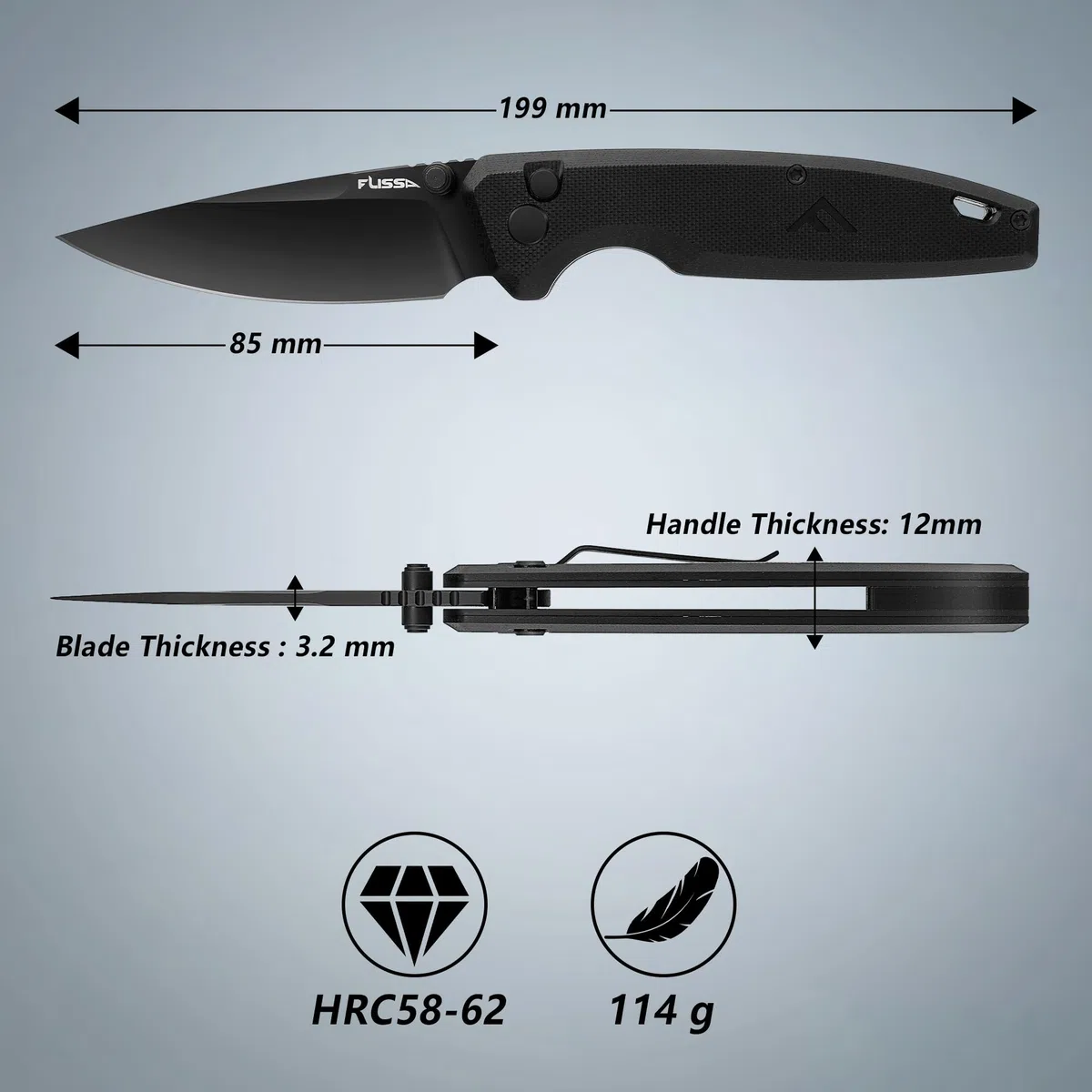 FLISSA Navaja Plegable, Cuchillo Plegable con Mango de G10, EDC de 200mm, Material D2, Clip para Cinturón, para Camping, Senderismo, Viaje