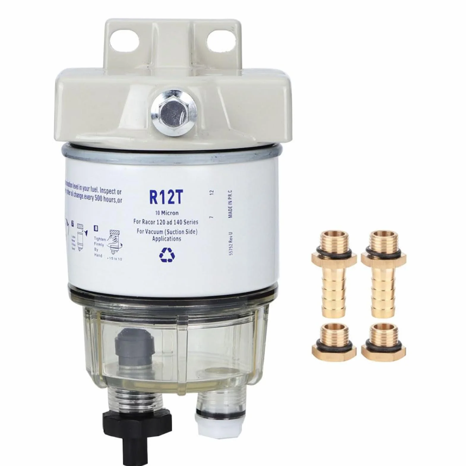 Filtro Separador de Agua y Combustible para Barcos R12T - 30 GPH, 10 Micras, con Tecnología Aquabloc II y Revestimiento Anticorrosivo, para Motor Marino, Diesel/Gasolina