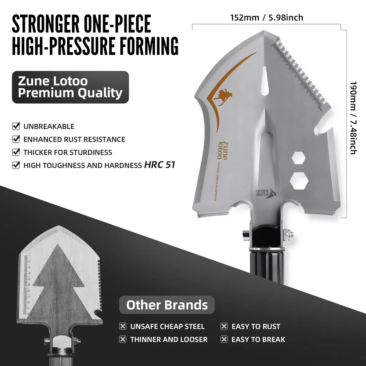 Zune Lotoo Pala Plegable de 100cm, 15 en 1 Pala Multiusos Portátil de Acero al Carbono con 3 Combinaciones de Longitudes, Pala Plegable Compacta para Camping, Senderismo, Jardín, Aventura