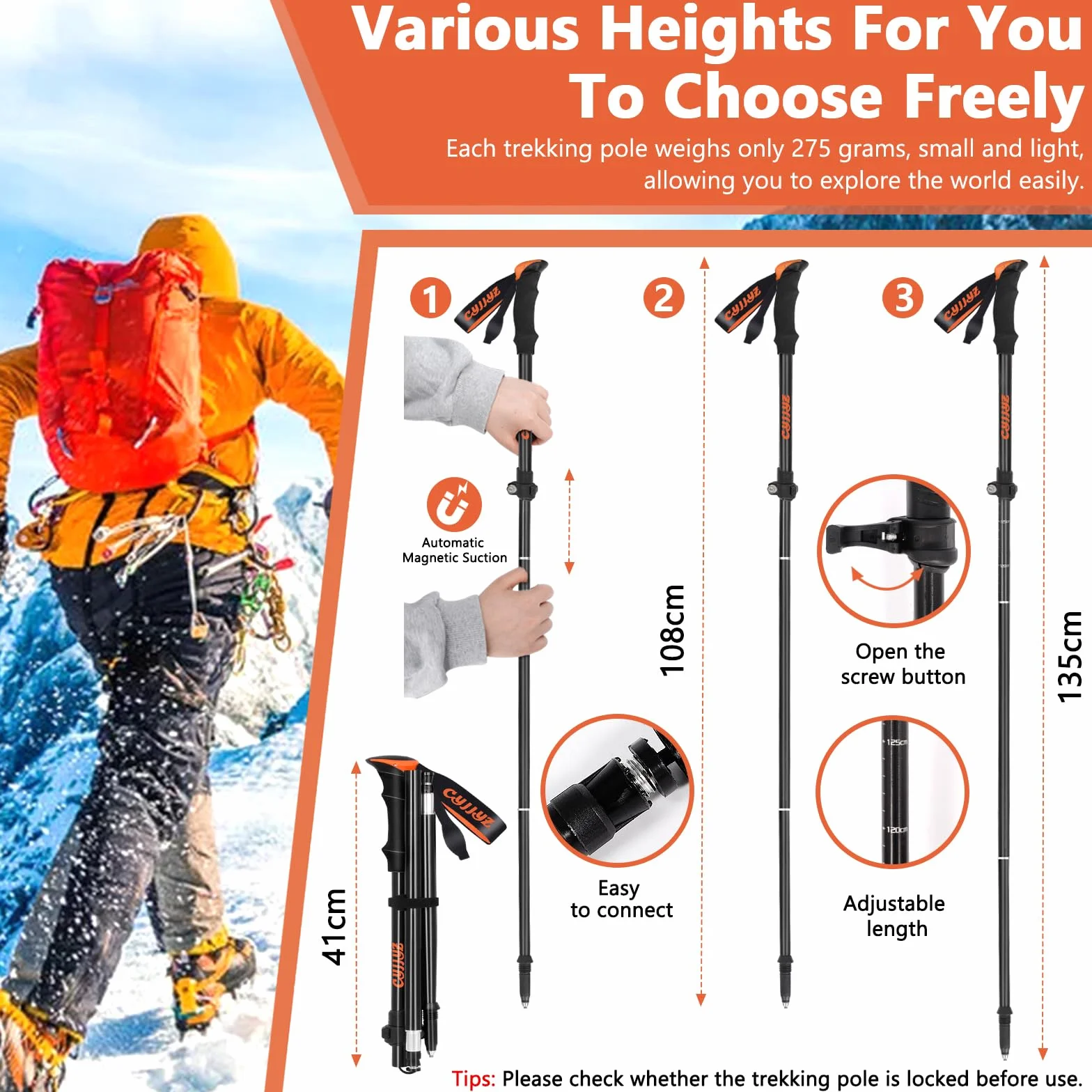2Pcs Bastones Trekking Plegables, Bastones de Senderismo de Aluminio 7075, Palos Senderismo, 108-135CM Ajustable Bastones Marcha Nordica, con 5 Pares de Topes de Goma, para Senderismo Viaje