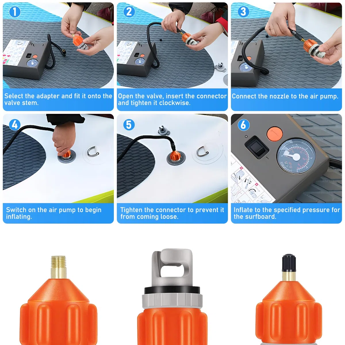 Adaptador de Bomba Sup, 2 unidades, con 9 boquillas – Adaptadores de Bomba Inflable compatibles con tablas de paddle surf, canoas, botes de goma, barcos inflables, colchones de aire, piscinas y más.