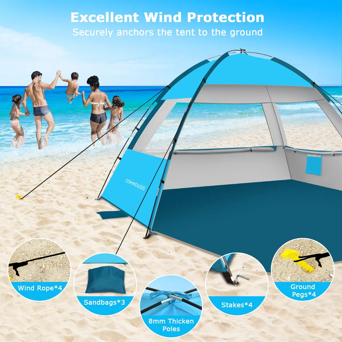 COMMOUDS Tienda de campaña para Refugio Solar, Ligera y fácil de Instalar y Transportar, UPF 50+ para 4-6 Personas Azul Cielo