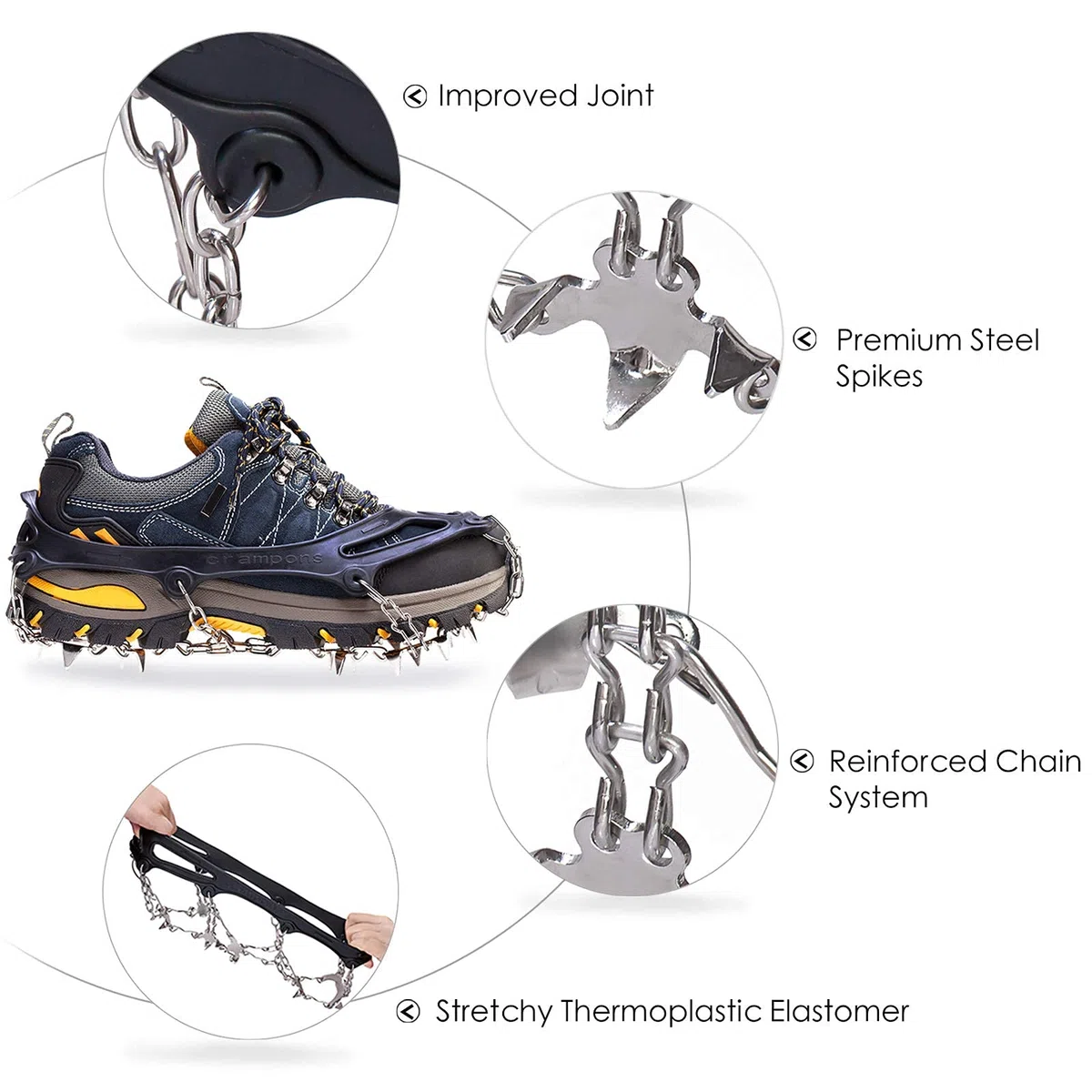 Crampones Antideslizantes para Hielo y Nieve con 19 Púas de Acero Inoxidable, Cleats de Tracción para Botas y Zapatos, Hombre y Mujer, Seguridad para Senderismo, Pesca, Caminatas y Escalada