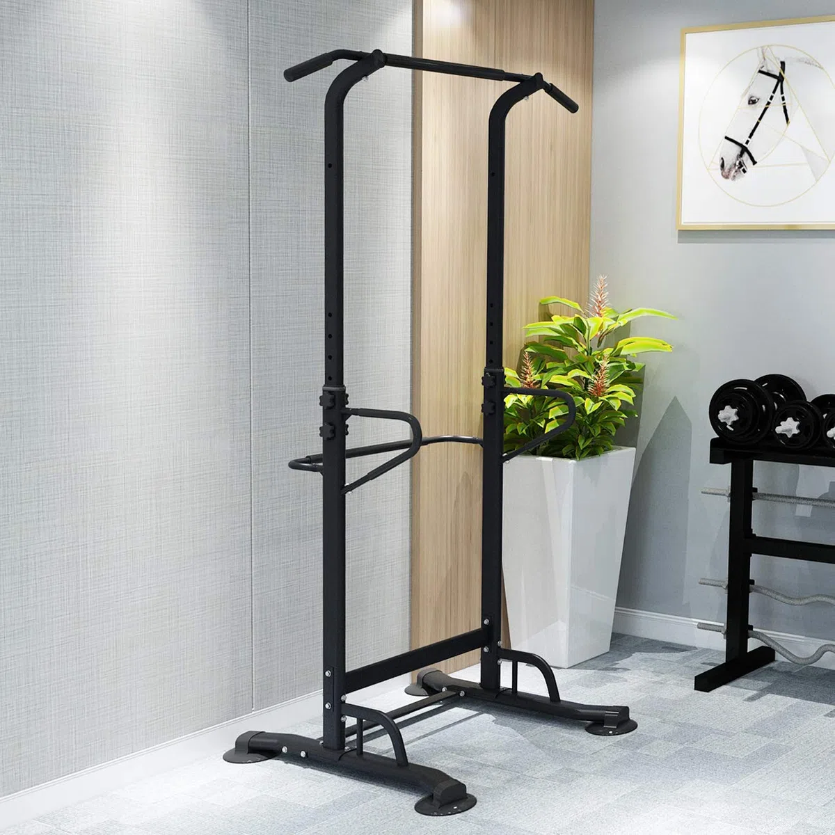 SogesHome Torre de Energía Power Tower Estación de Entrenamiento Silla Romana para Dips con Barra para dominadas Altura Ajustable Multifuncional,72 x 90 x 190-230 cm