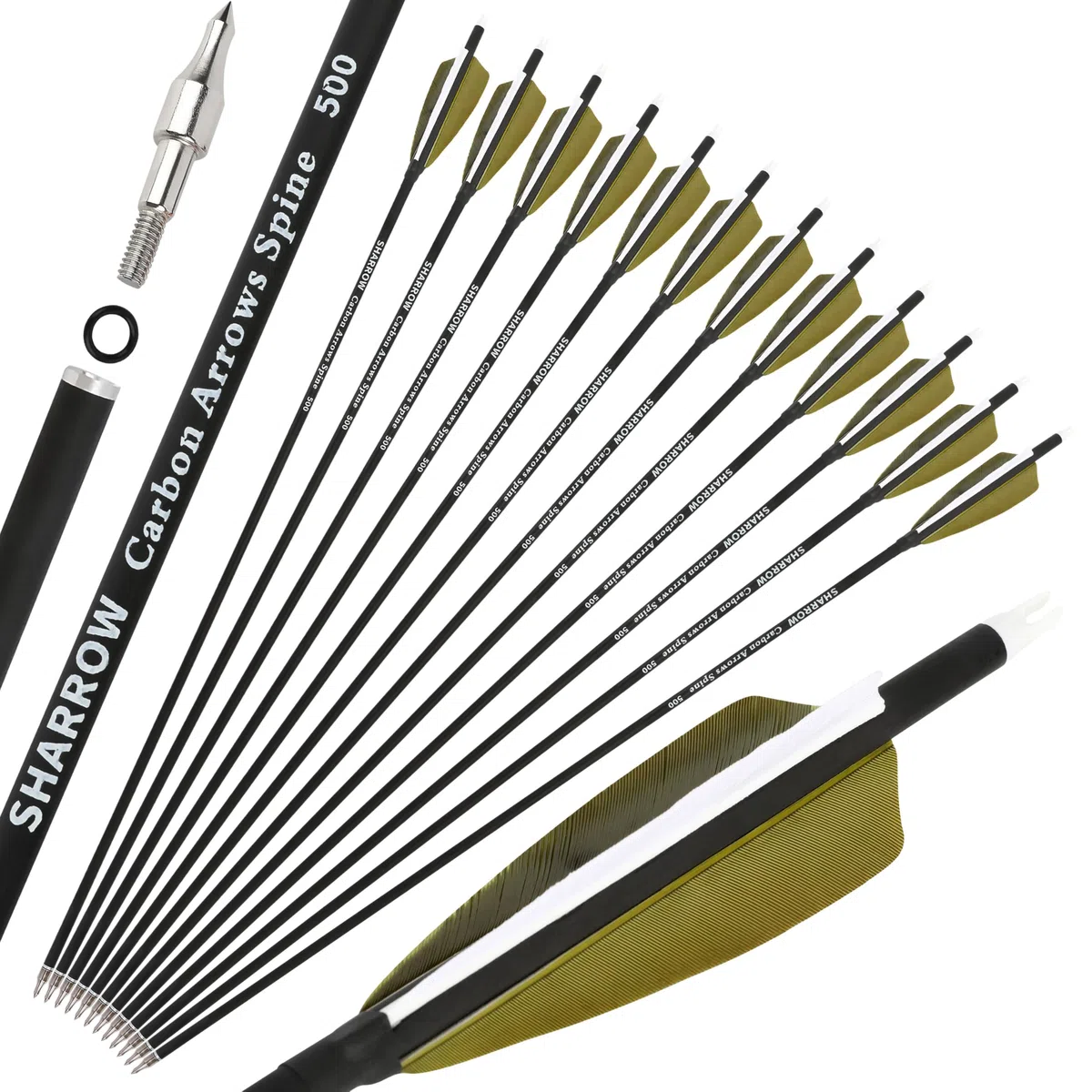 Tiro con Arco Flecha de Carbono 30 Pulgadas Flecha de Tiro con 4 Pulgadas de Plumas de Pavo 500 Spine práctica de Tiro para Arco Compuesto Recurve Bow
