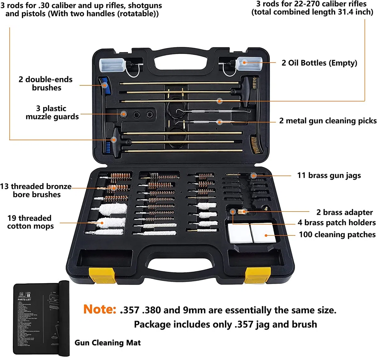 BOOSTEADY Juego de Limpieza de Armas Kits de Armas para la Mayoría de los Rifles Pistolas Escopetas Juego de Limpieza, Puntas de Armas y Cepillos con Tapete de Limpieza