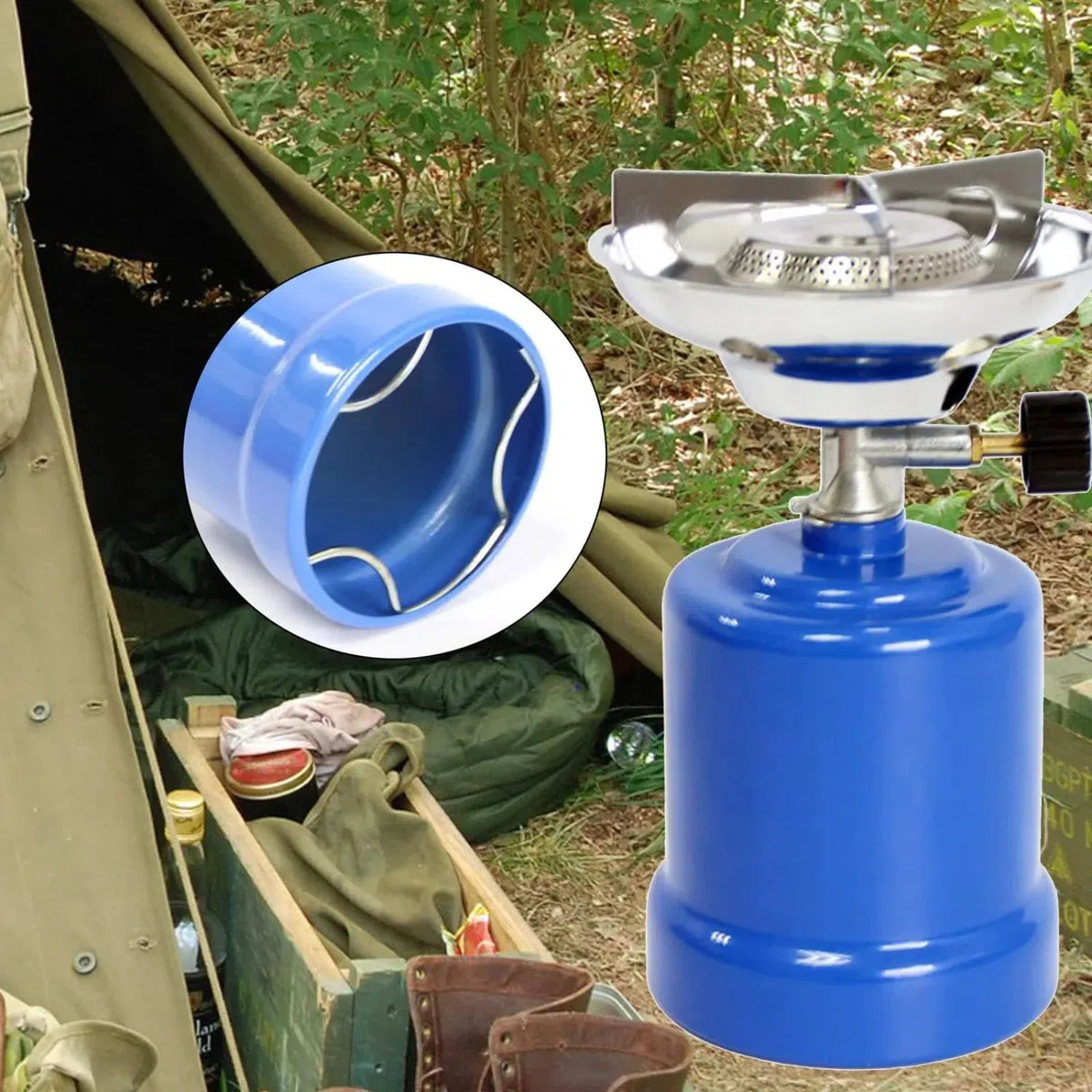 KROWN - Hornillo Camping Gas Cocina Portátil + 2 Bombonas 190g para Acampada, Campo, Playa, Montaña, Quemador con Regulador de Gas Butano