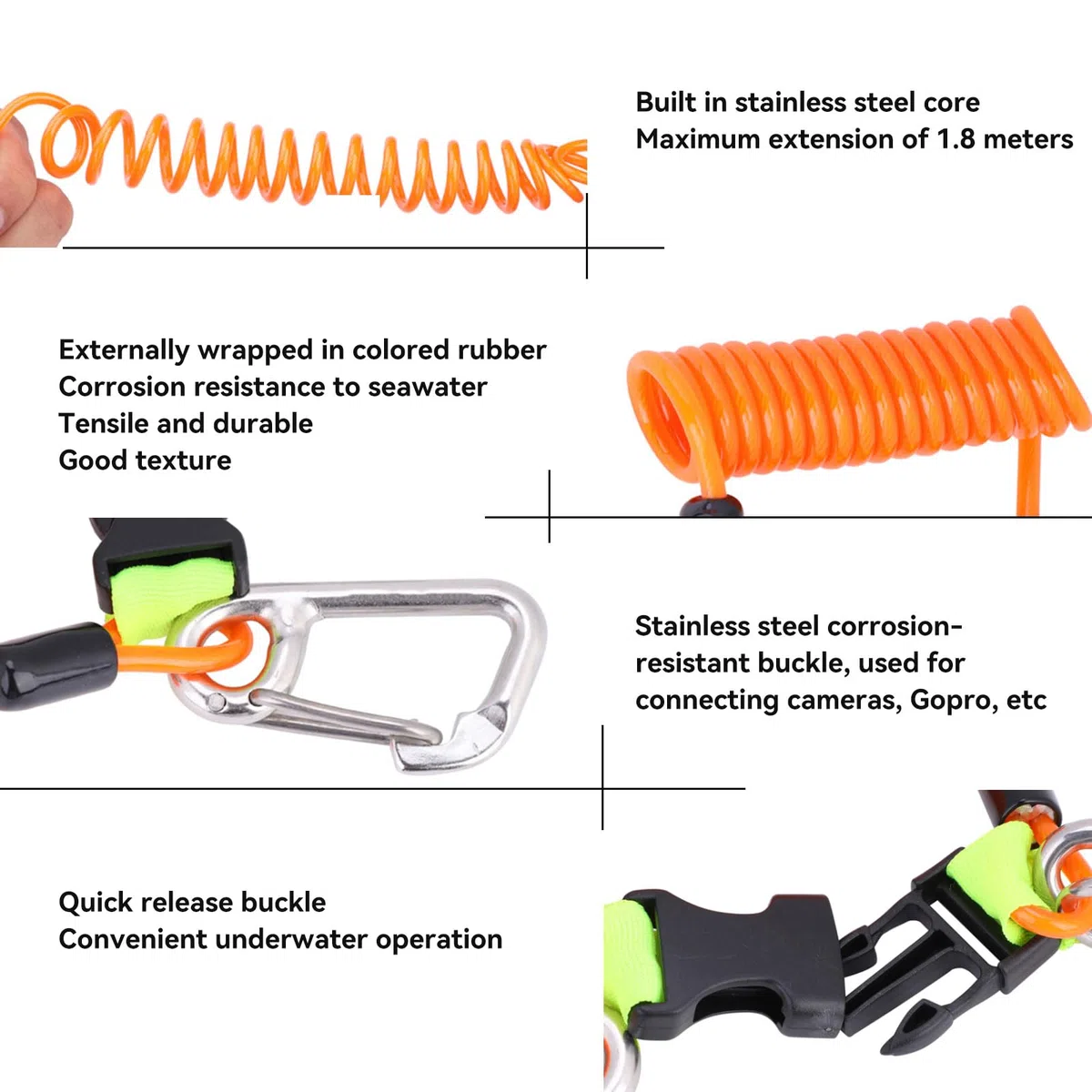 Cordón para buceo, 16,3x7cm/6,4x2,7in cordón cámara buceo de acero inoxidable, enrollado con resorte clip alta resistencia con correa y hebilla de liberación rápida para BCD, cámaras y linternas