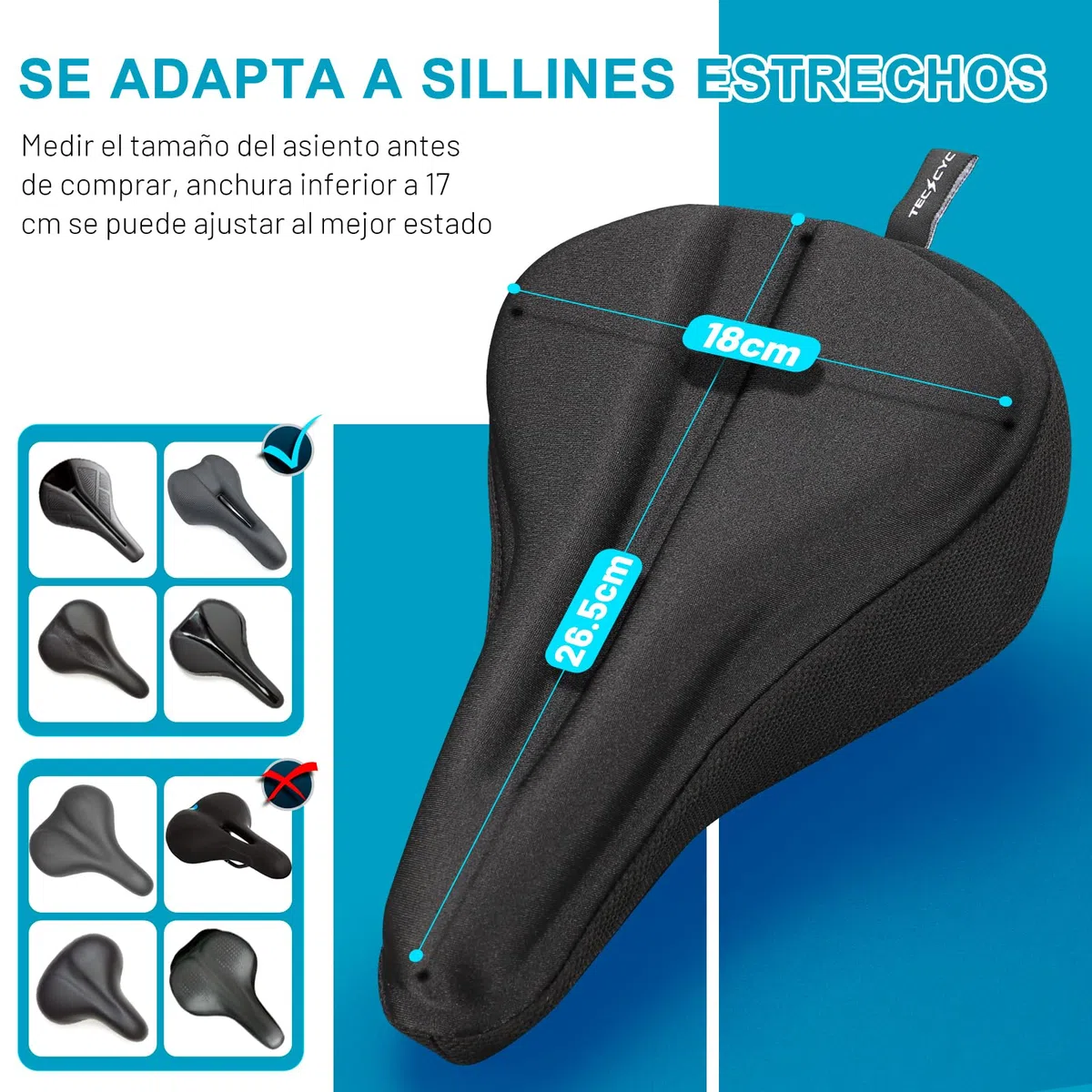 TECHCYC Funda sillin Bicicleta, cojín de Espuma viscoelástica de Doble Capa, diseño ergonómico, Unisex, Ancha y con Rayas Reflectantes, Ideal para Bicicletas estáticas y urbanas (YG35)