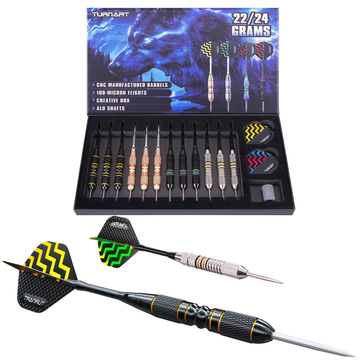 Turnart Juego de dardos de punta de metal – Juego de dardos de punta de acero, dardos de metal profesionales, 12 piezas de 22/24 gramos, juego de dardos profesionales con elegante estuche de aluminio,