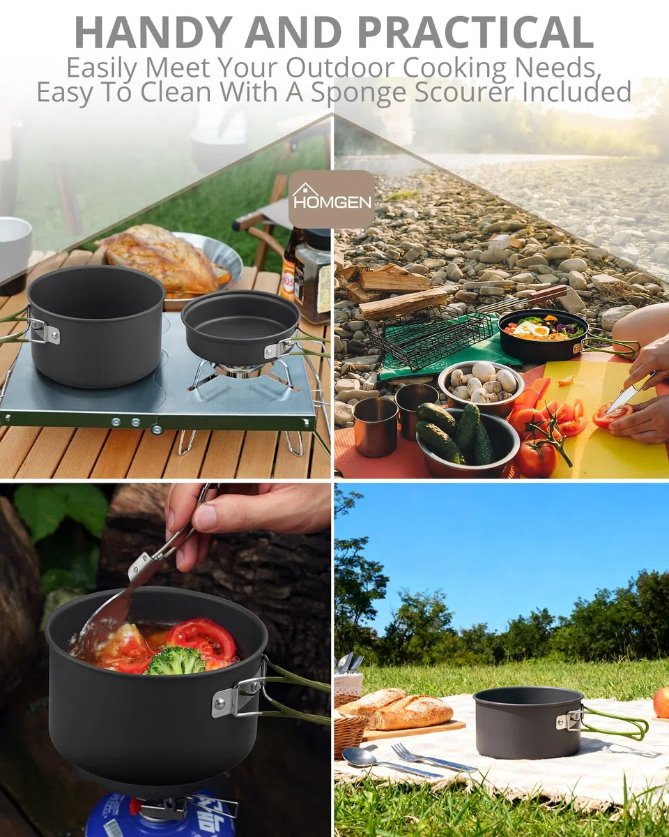 HOMGEN Juego de Utensilios de Cocina para Camping, ollas y sartenes de Aluminio, Kit de Utensilios de Cocina portátil, Equipo de Cocina Ligero para 2-3 Personas