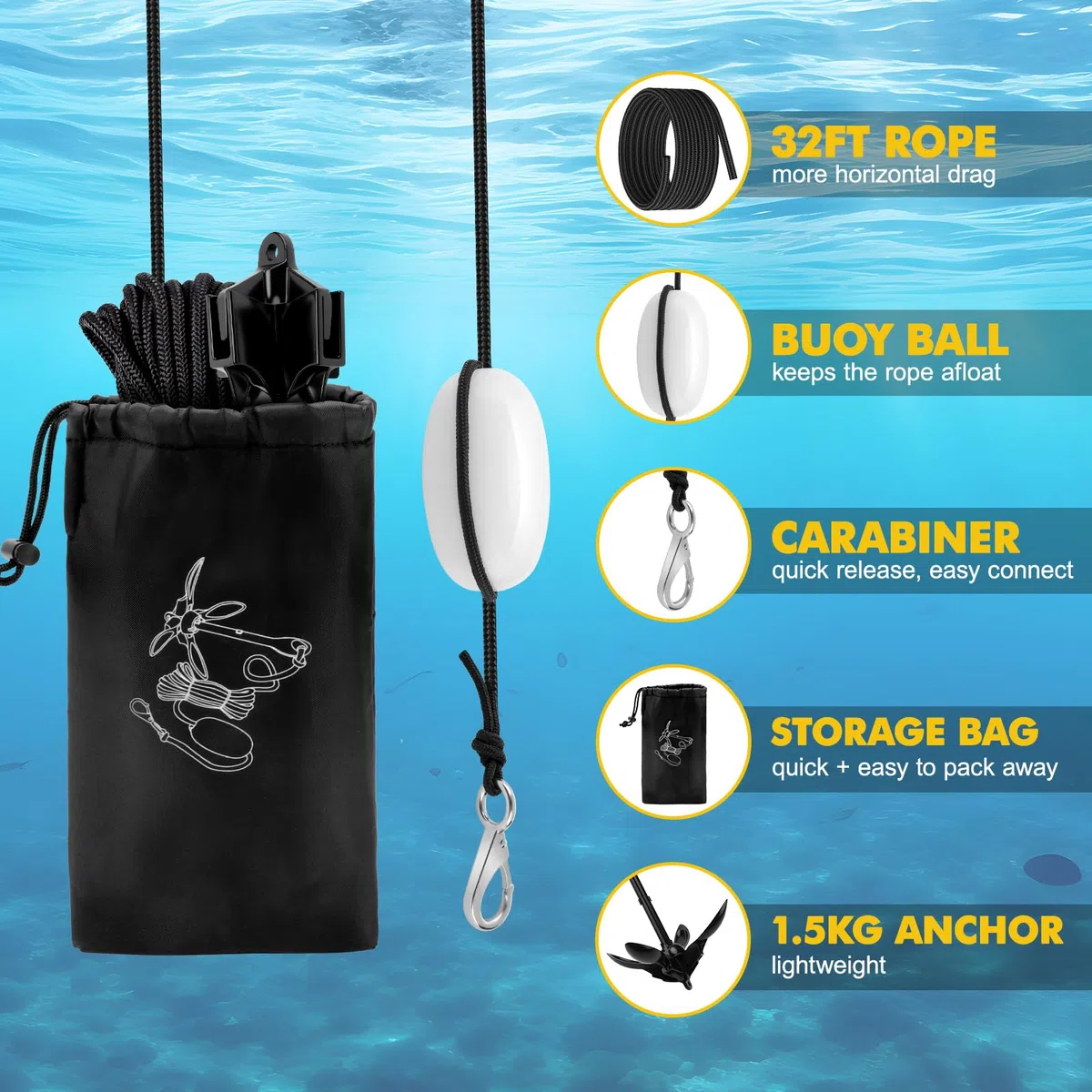 Anclaje de Barco de 1.59 kg, Ancla Plegable, Kit de Ancla Barco Pequeña con Cuerda Flotante de 10m, una boya de Bola y una Bolsa de Almacenamiento, para Kayaks, Moto de Agua Jet, Canoas