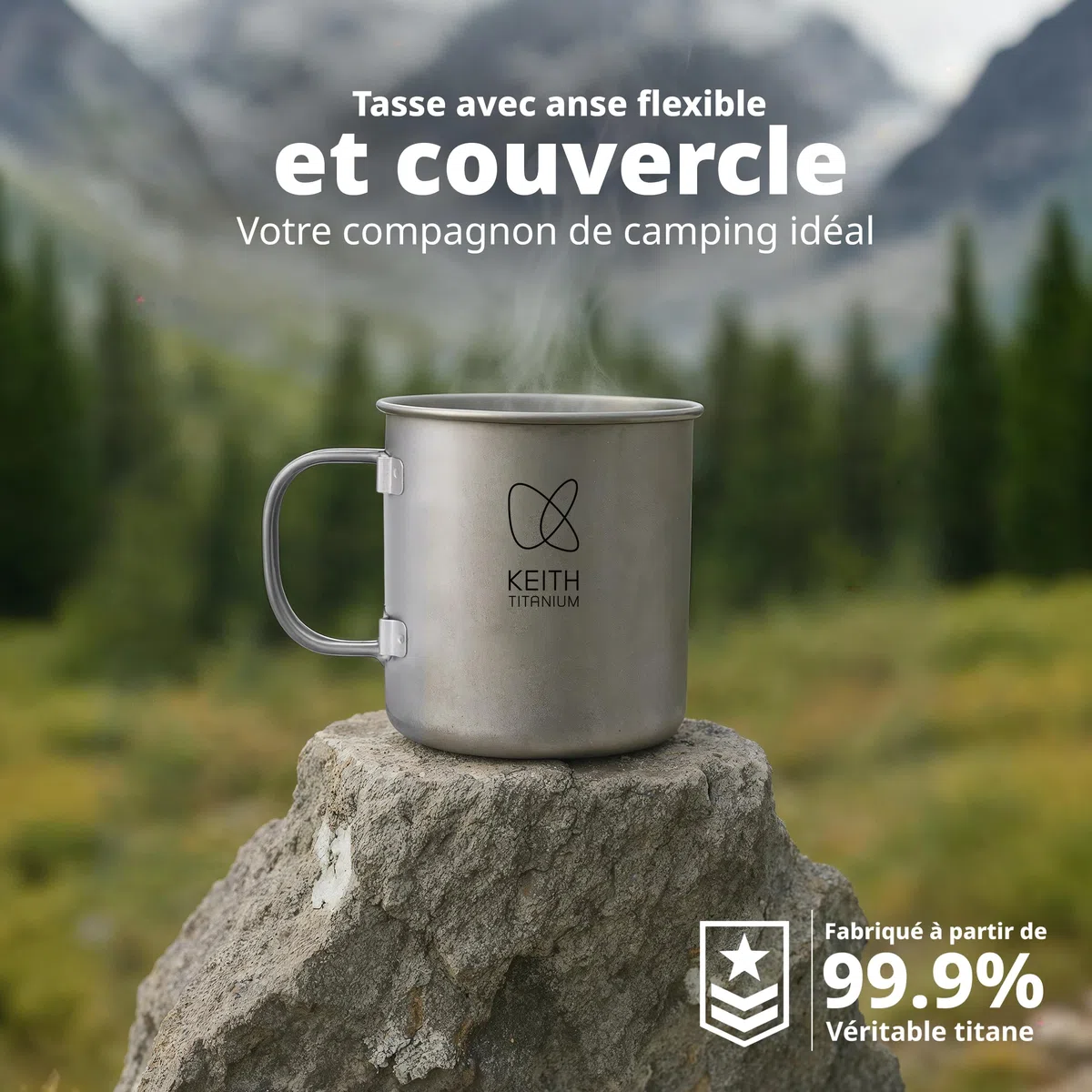 Keith Titanium Taza de Titanio de 450 ml de Una Sola Capa, Ti3204, Taza de Café Portátil con Tapa y Asa Plegable, Vajilla Portátil para Té y Café, Ideal para Camping, Picnic, Mochilero y Senderismo