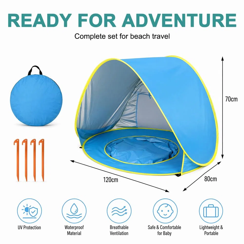 CEWROM Refugio de playa para bebé, tienda de campaña para la playa, tienda de campaña para bebés con mini piscina separable, portátil, Pop Up Baby Playa, protección UV, para niños pequeños, bebés