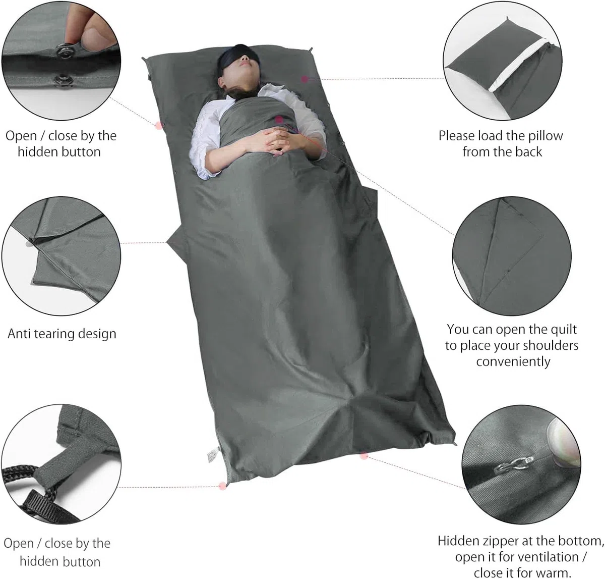 MYCARBON Forro para saco de dormir de viaje, 100% algodón, súper suave, 220 x 90 cm, sábana de viaje portátil y ligera para bolsa de cama de camping, albergues, entrenadores, picnic, trenes con