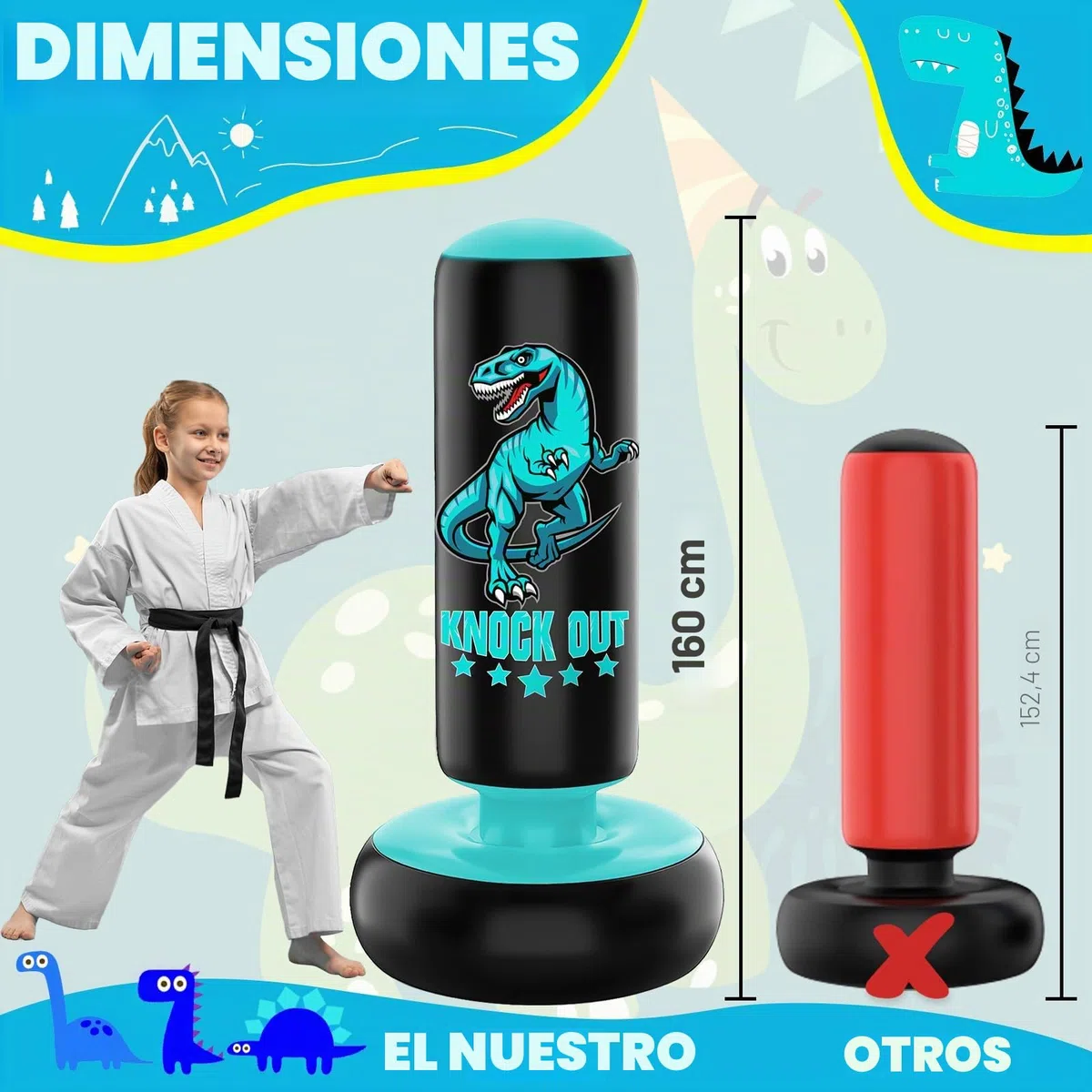 Saco de Boxeo niños, Juego de Saco Boxeo Independiente de 160 cm con Guantes de Boxeo,Feroz Dinosaurio Deportivo Inflable Saco de Kickboxing para Entrenamiento de kárate Taekwondo MMA