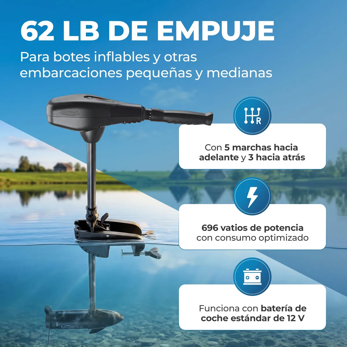 Miganeo - Motor eléctrico fuera borda, 28 kg, 2006 kg de fuerza propulsora, 696 W, con batería LED de 12 V, 28,2 kp, apto para agua salada