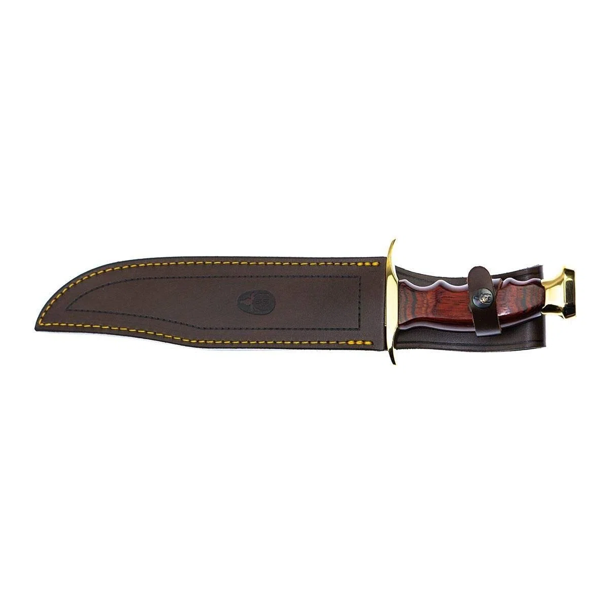 Muela Cuchillo de caza BW-22 con hoja de acero inoxidable MoVa de 22 cm y empuñadura de madera de coral para Caza, Pesca, Supervivencia y Bushcraft + Portabotellas de regalo