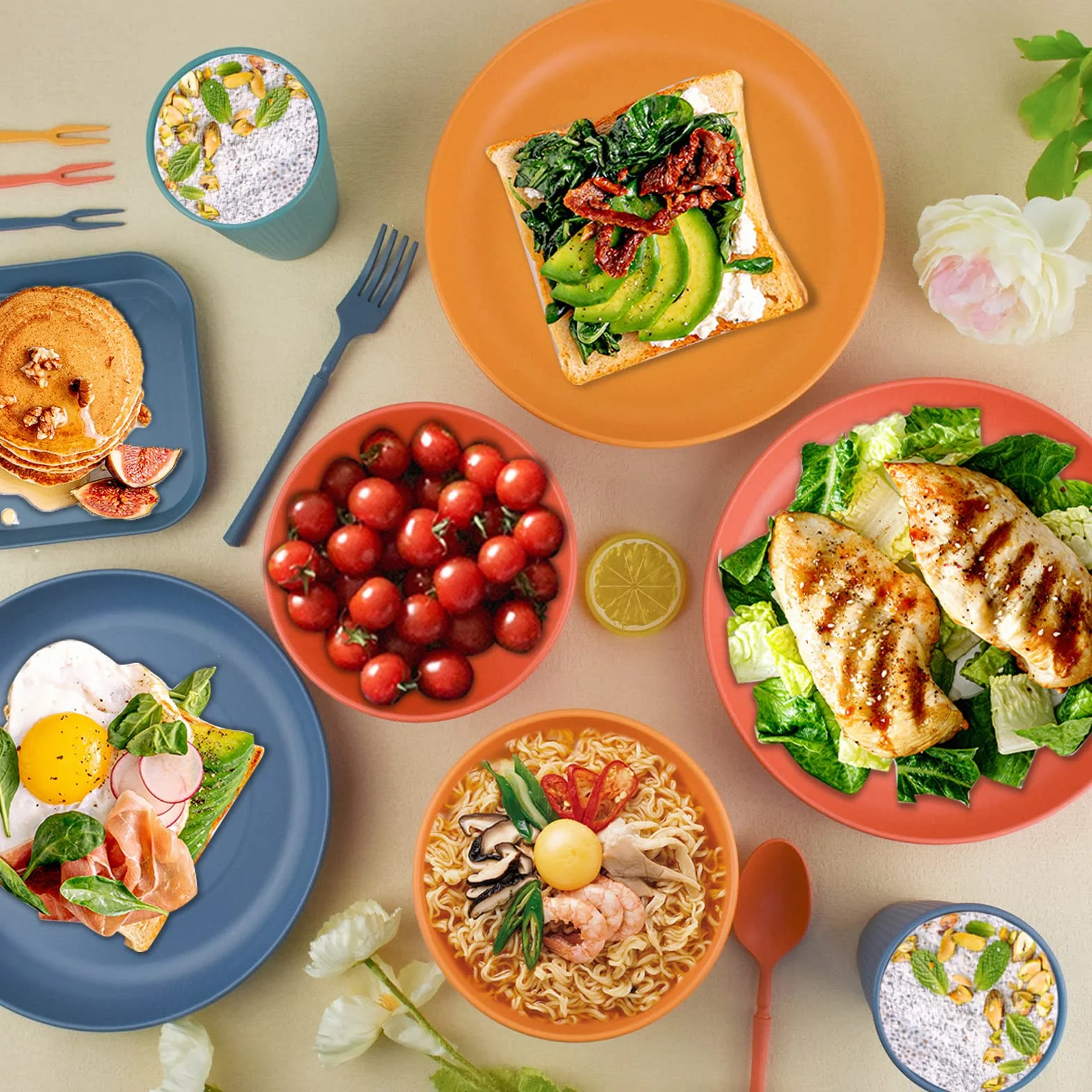 Vajilla Camping, 48 Piezas Platos Plastico Duro Reutilizables, Vajilla Picnic Contiene Plato Cuenco Cuchara Taza Cubiertos, Set Cocina Camping para Familia Al Aire Libre Viajes- 4 Personas