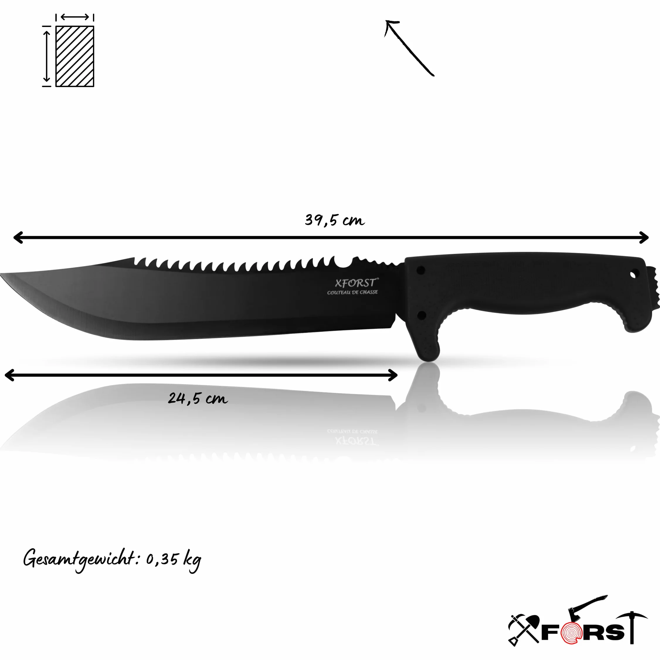 Xforst Cuchillo CRB - Gran Cuchillo de Caza y Supervivencia para Exteriores, Hoja con Sierra de 24,5 cm, Mango Ergonómico TPE, Funda Tela Oxford, 39,5 cm Longitud Total -