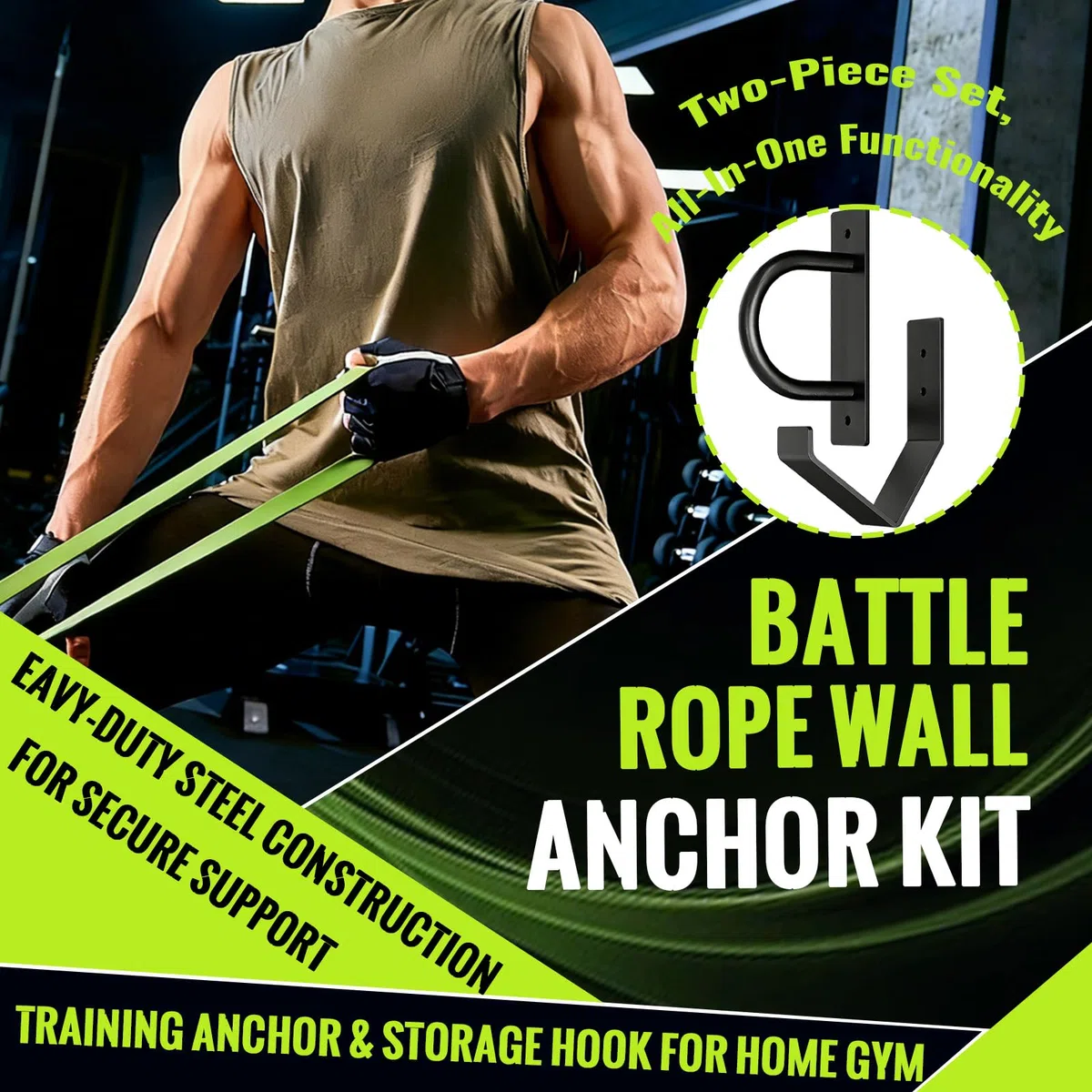 Soporte de Pared para Cuerda de Batalla, Kit de Anclaje de Pared con Cuerda de Combate con Gancho de Muro y Accesorios de Instalación para Sistemas de Entrenamiento de Fuerza, Sacos de Boxeo