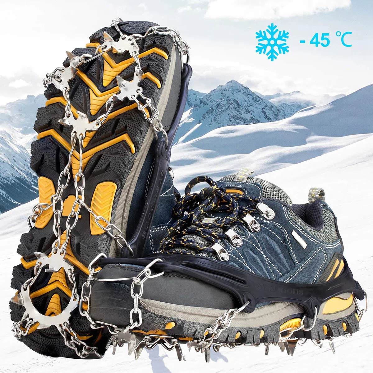 Crampones Antideslizantes para Hielo y Nieve con 19 Púas de Acero Inoxidable, Cleats de Tracción para Botas y Zapatos, Hombre y Mujer, Seguridad para Senderismo, Pesca, Caminatas y Escalada