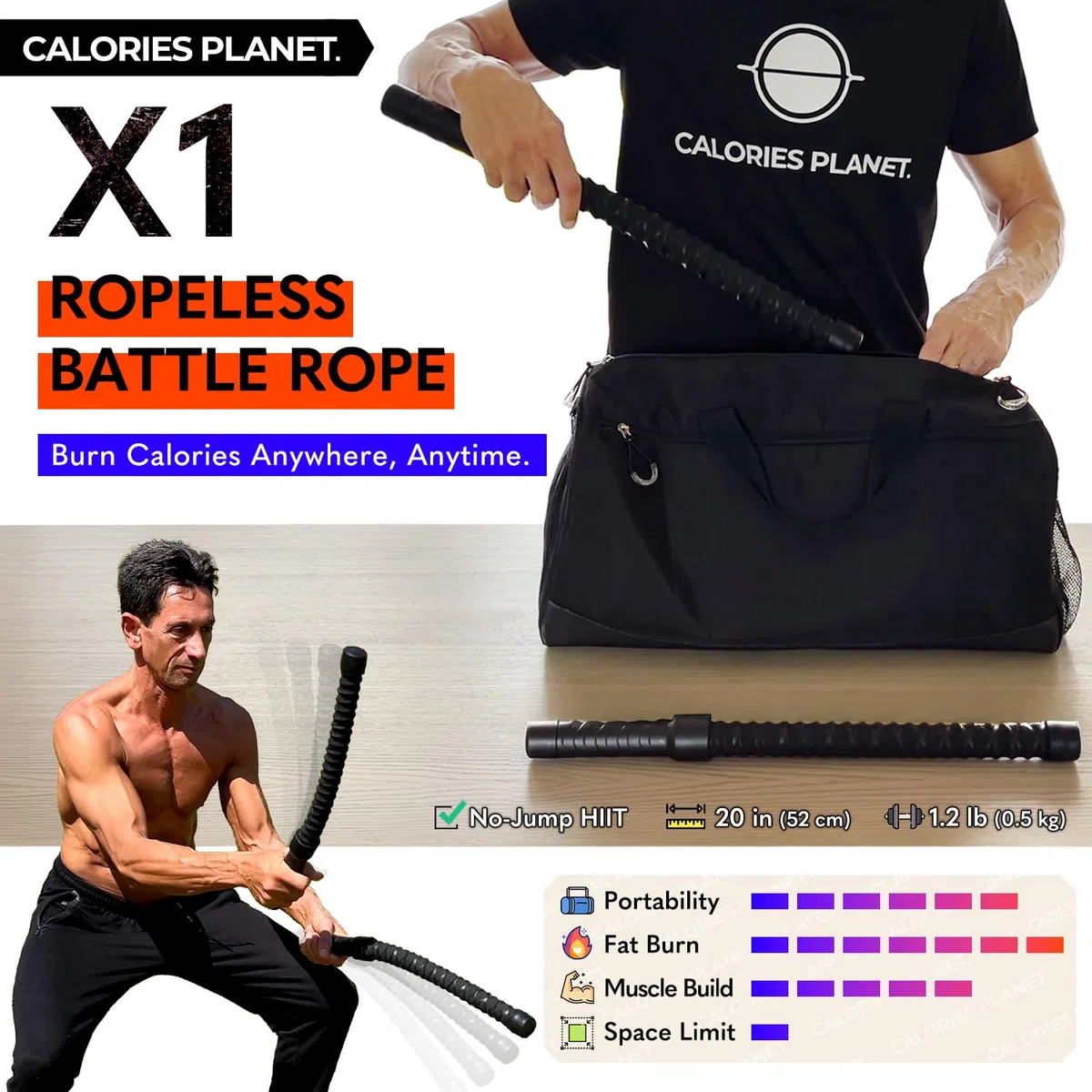 1 cuerda de batalla sin cuerda para gimnasio en casa, entrenamientos HIIT, entrenamiento cardiovascular de bajo impacto