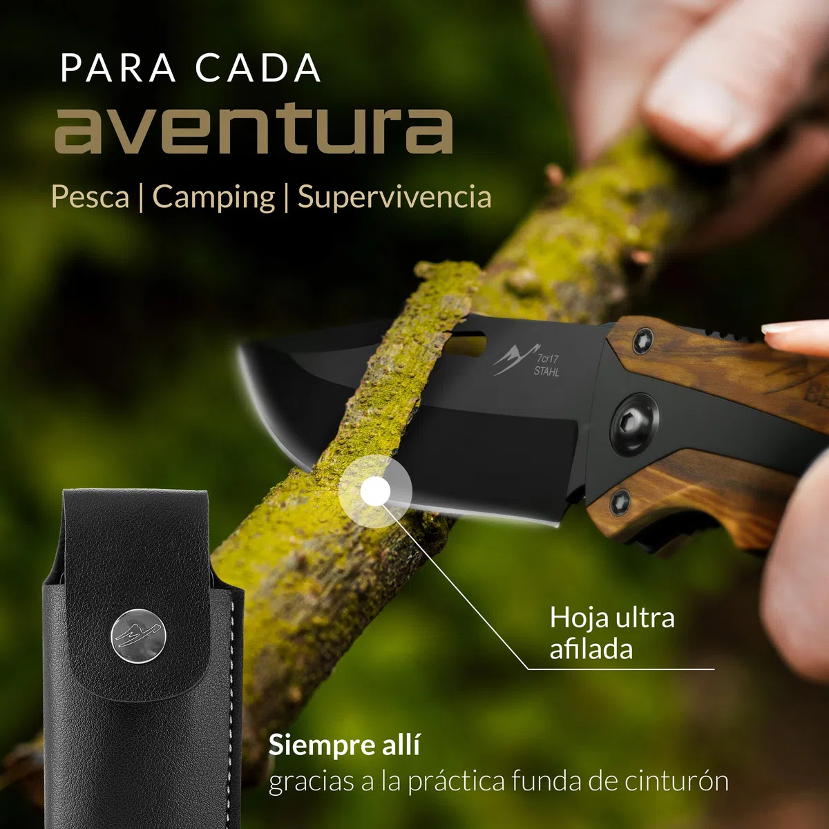 BERGKVIST K30 Cuchillo plegable Tiger [navaja de dos manos] | Navaja de bolsillo 3 en 1 con rompecristales y cortacinturones para exteriores y supervivencia, mango de madera
