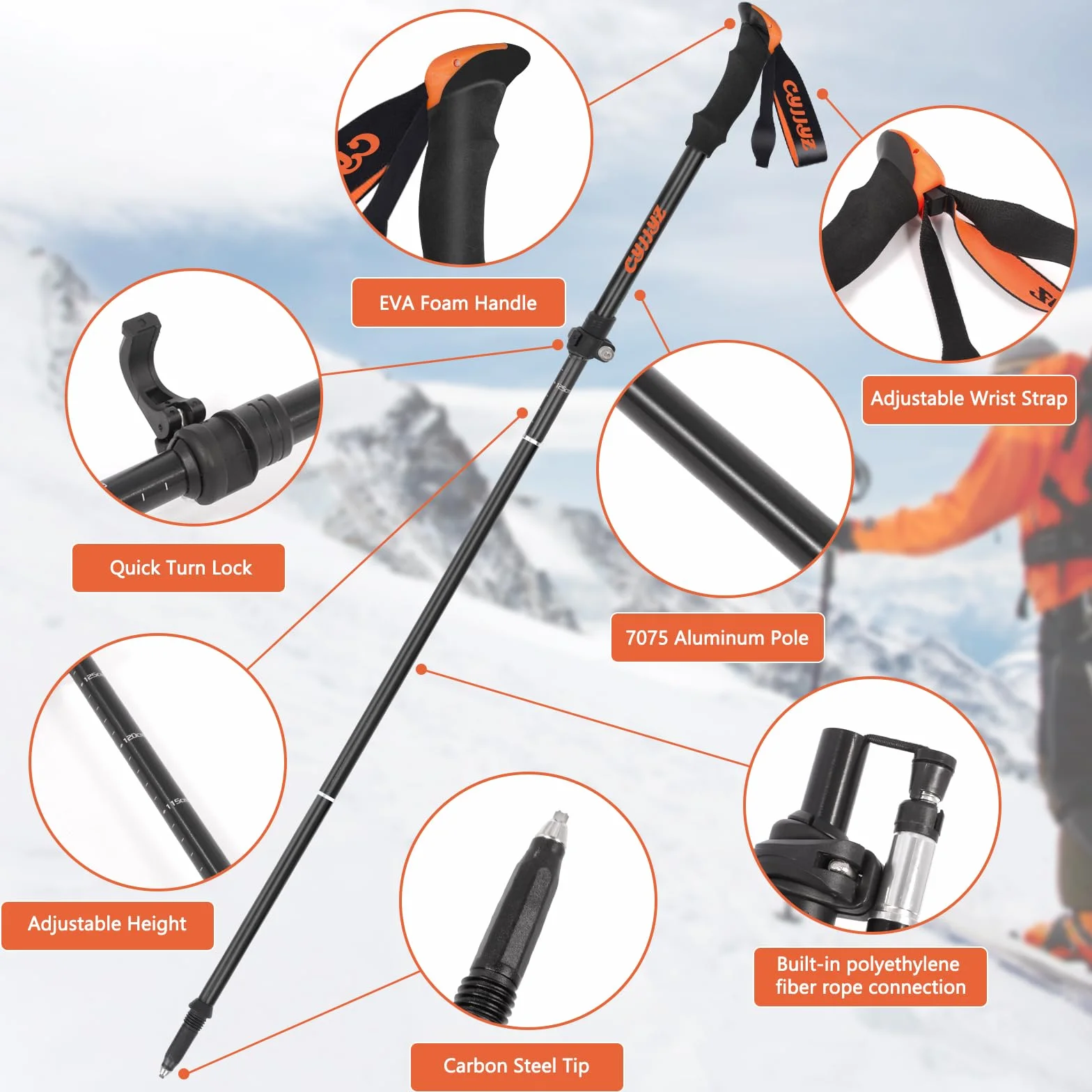 2Pcs Bastones Trekking Plegables, Bastones de Senderismo de Aluminio 7075, Palos Senderismo, 108-135CM Ajustable Bastones Marcha Nordica, con 5 Pares de Topes de Goma, para Senderismo Viaje