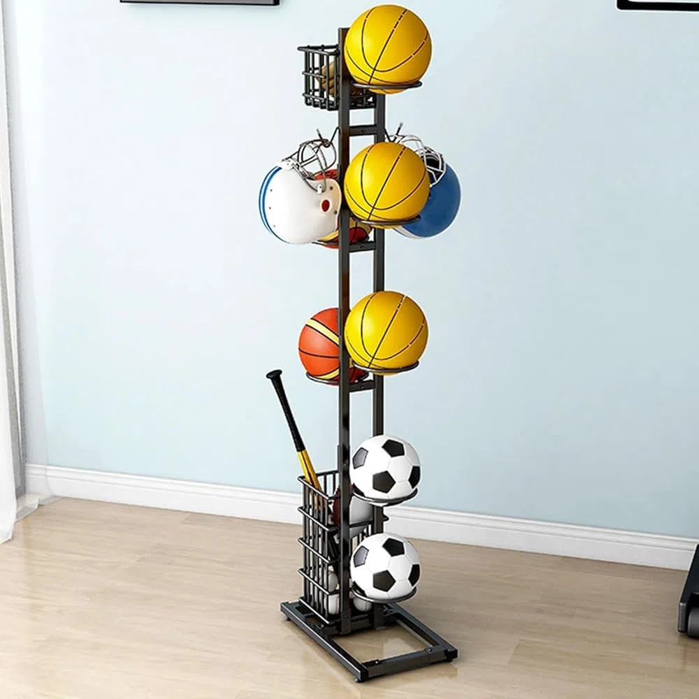 Estante de almacenamiento para balones de fútbol, baloncesto, voleibol, fútbol, equipo deportivo, organizador con cesta para garaje o gimnasio