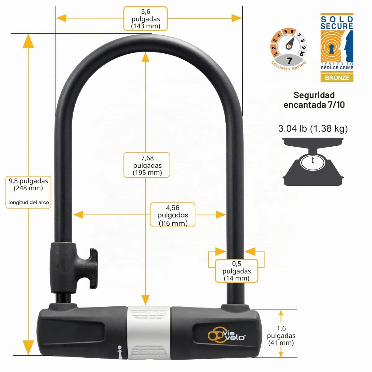 Candado U Lock para Bicicleta con con Cable - Robusto Candado U Lock Via Velo, Cerradura de Bloqueo de 14mm y 10mm x1.8m Cable con Soporte de Montaje para Bicicleta