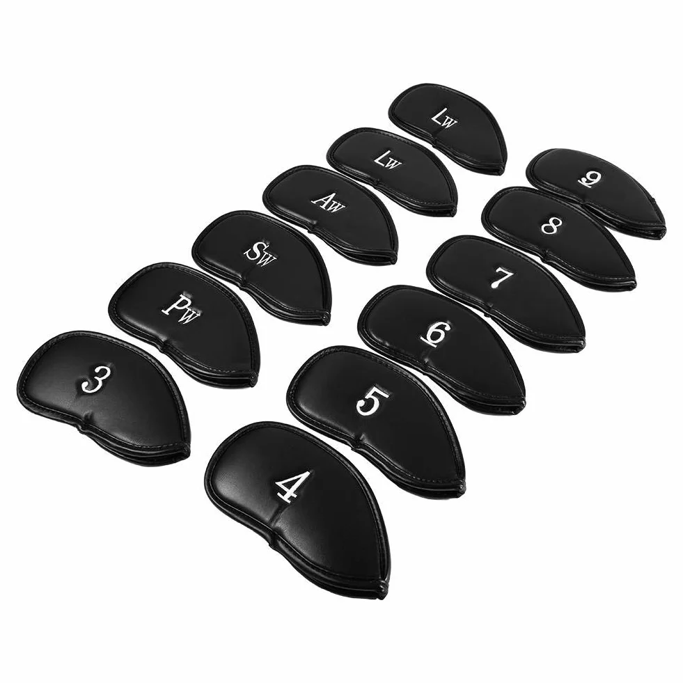 Cubiertas de Cabeza de Golf, 12 Piezas Cuero de PU Resistente al Agua Negro Cubierta de Cabeza de Club de Golf Juego de Protector de Cubierta de Cabeza de Hierro P