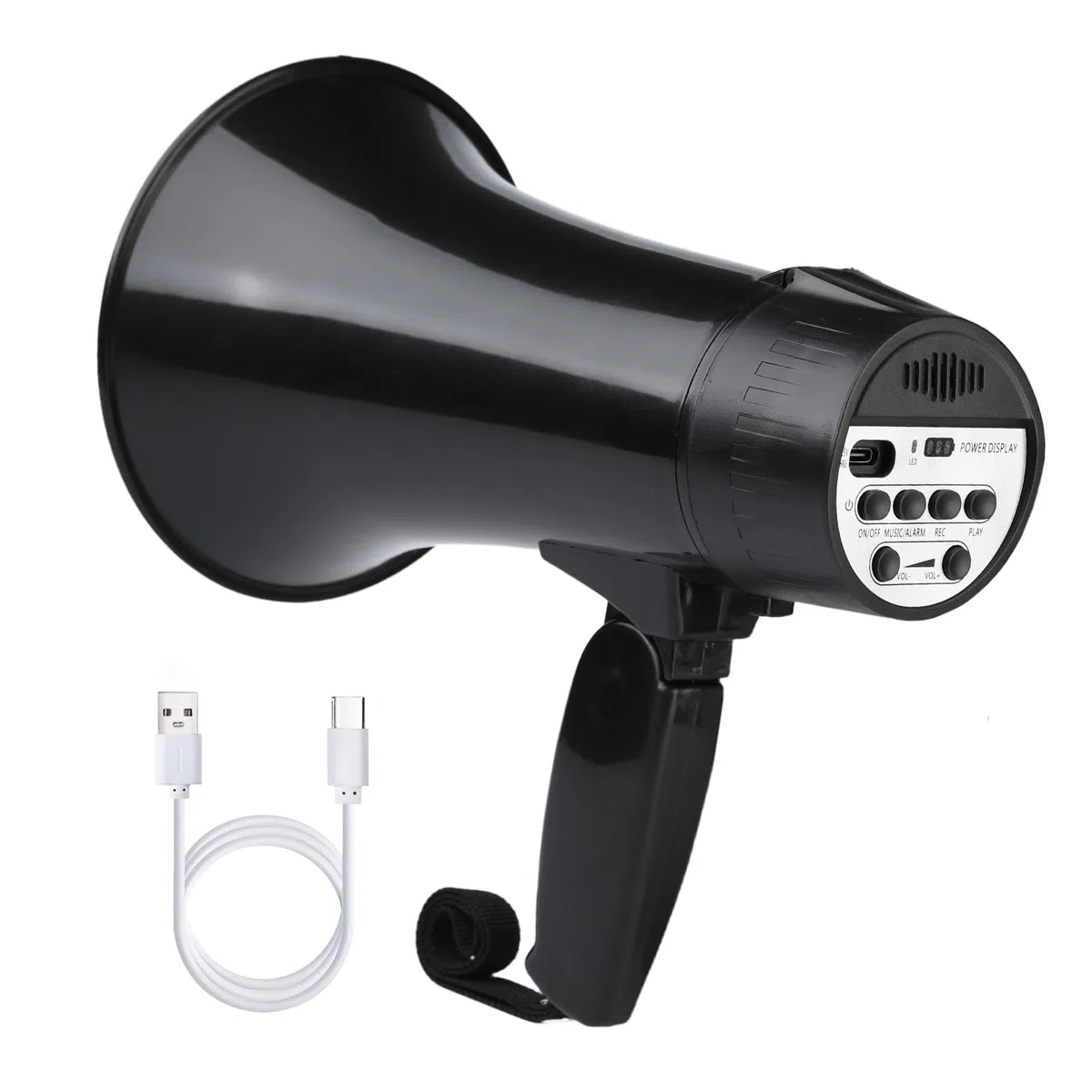 UZOCHI Altavoz megáfono megáfono recargable de 20 W, sirena y grabación de 240 segundos, mega teléfono portátil con pantalla de alimentación y correa (negro)