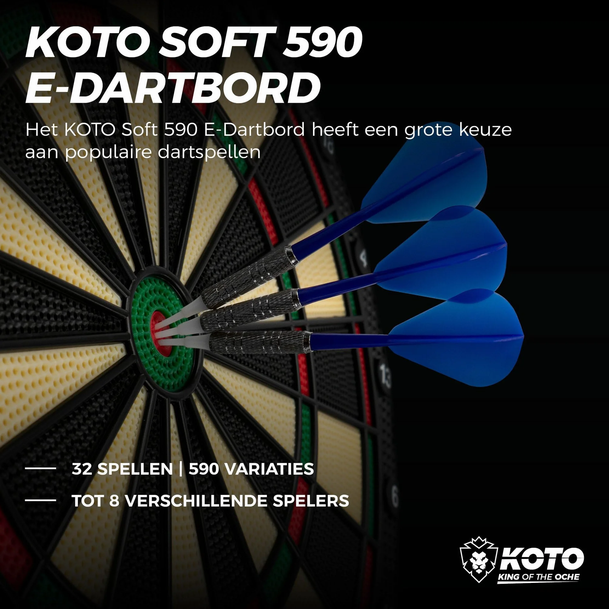 KOTO – Diana Electrónica Soft 590 Inalámbrica, 6 Dardos Soft + 24 Puntas, 32 Juegos, 590 Variantes, Portátil y Fácil de Instalar