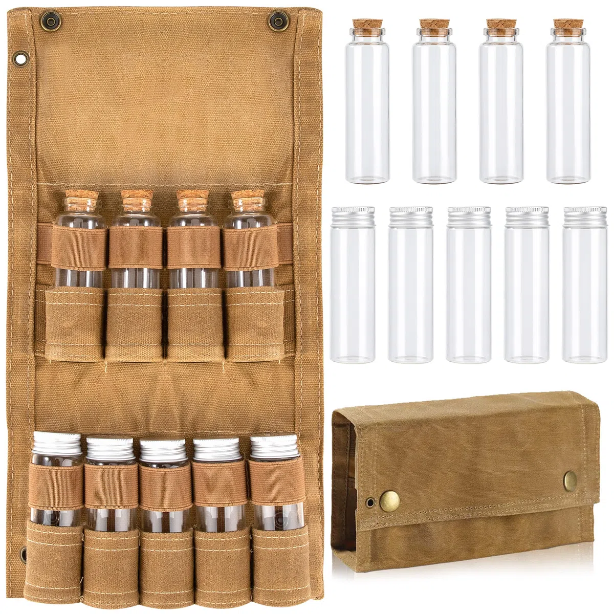 Kit de Especias de Camping con 9 Tarros de Especias Bolsa de Almacenamiento de Condimentos de Lona Portátil Juego de Contenedores para Acampar Picnic Barbacoa Caqui