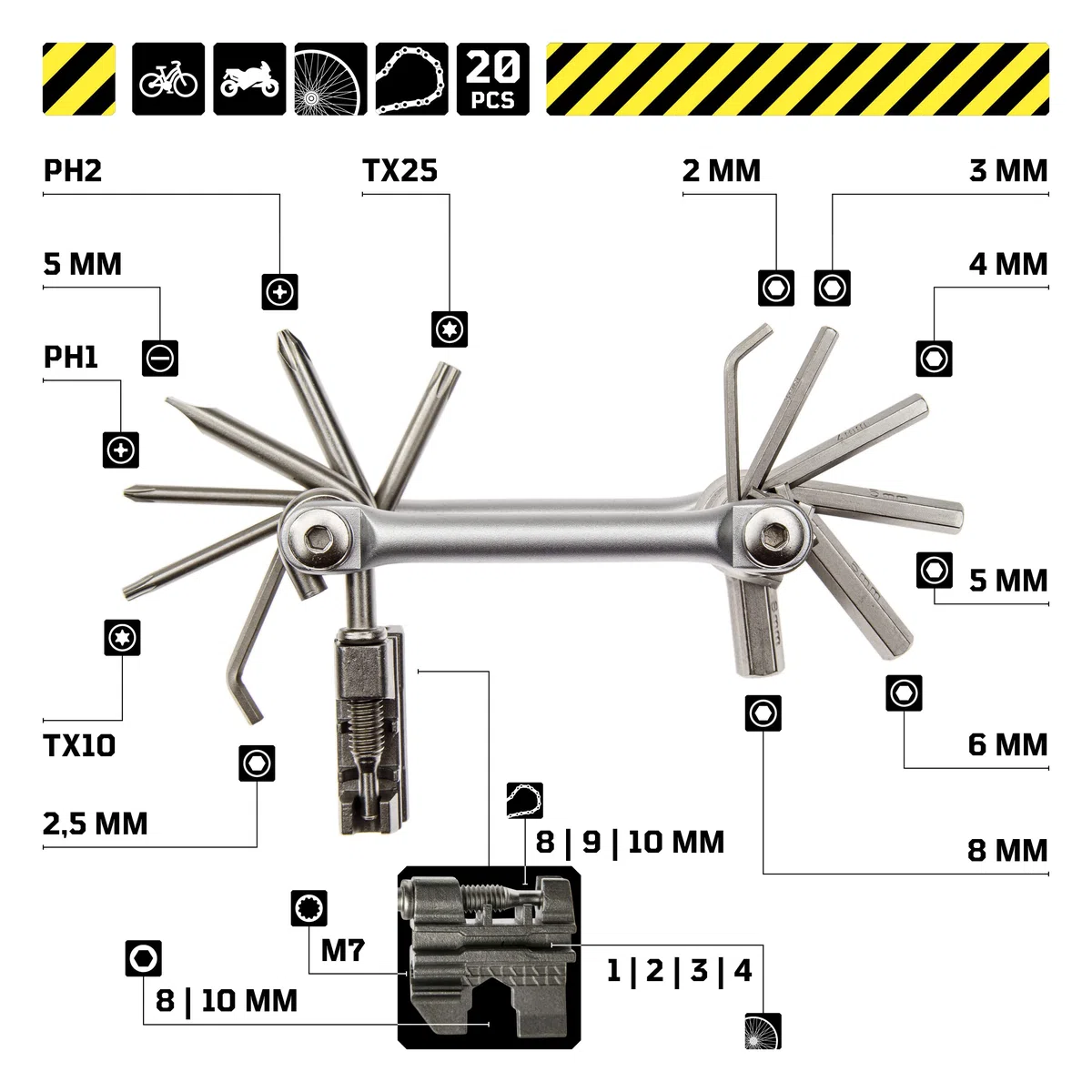 Multiherramienta profesional para bicicletas "20 en 1" set de reparación para viajar | Para bicicleta de montaña, carretera y e-bike | Herramienta de bolsillo plegable | WGB Das Werkzeug