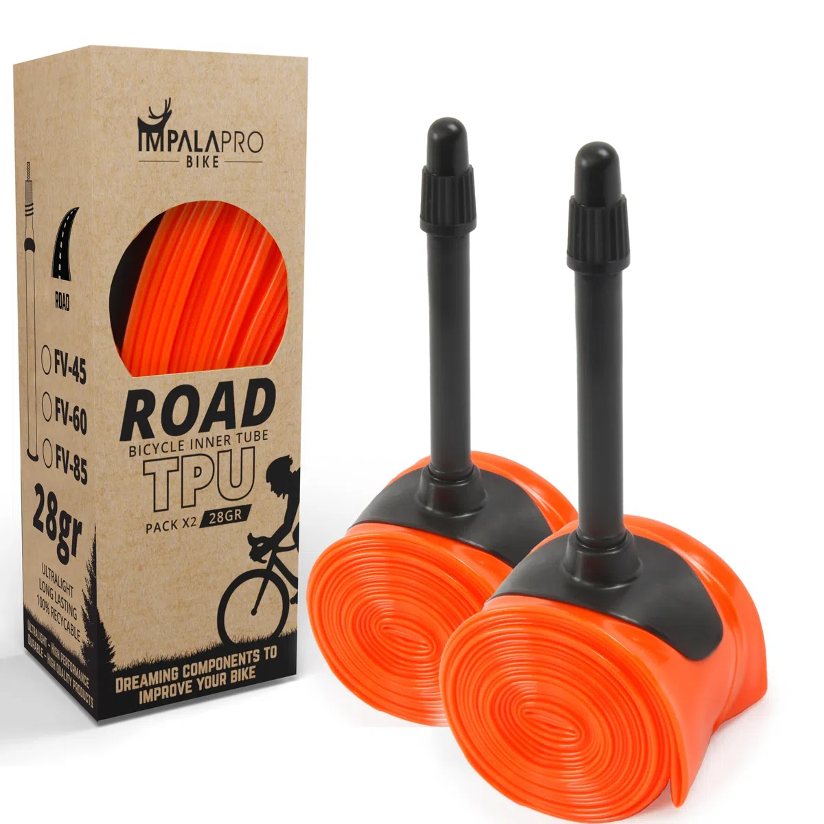 IMPALAPRO - Cámara Bicicleta Carretera 700 x 18-32C Ultraligera 28g 0.2mm válvula Presta 45/65/85mm - Camaras de Aire 700 - Camara Bici Carretera 700 - Camara Bici 700