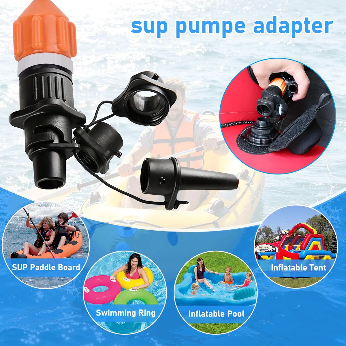 Adaptador de Bomba Sup, 2 unidades, con 9 boquillas – Adaptadores de Bomba Inflable compatibles con tablas de paddle surf, canoas, botes de goma, barcos inflables, colchones de aire, piscinas y más.