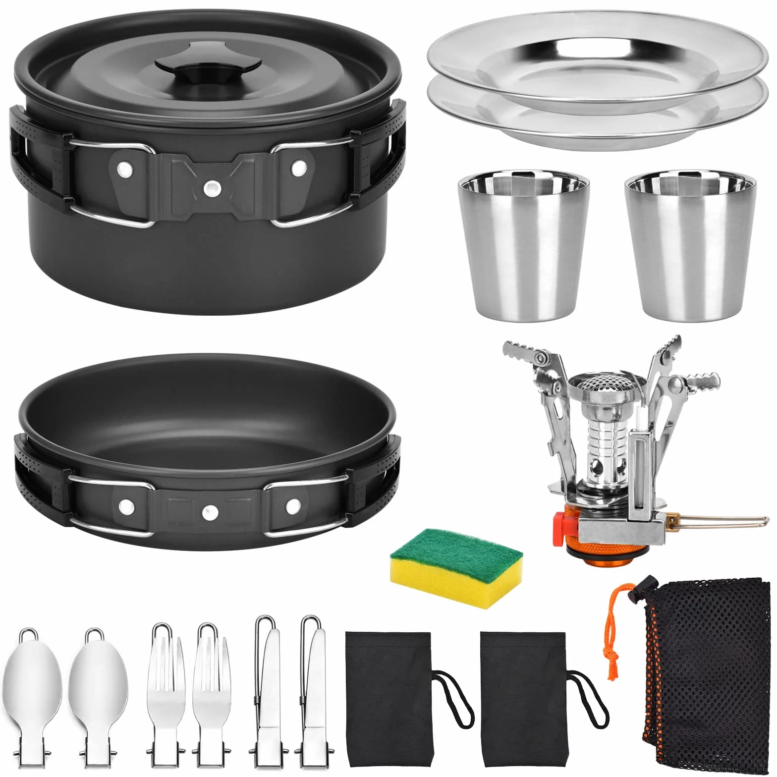 Queta Juego de utensilios de cocina para camping, 17 piezas, kit de cookware, ollas de picnic para 2-3 personas, para camping, senderismo, picnic, barbacoa, certificado por la FDA