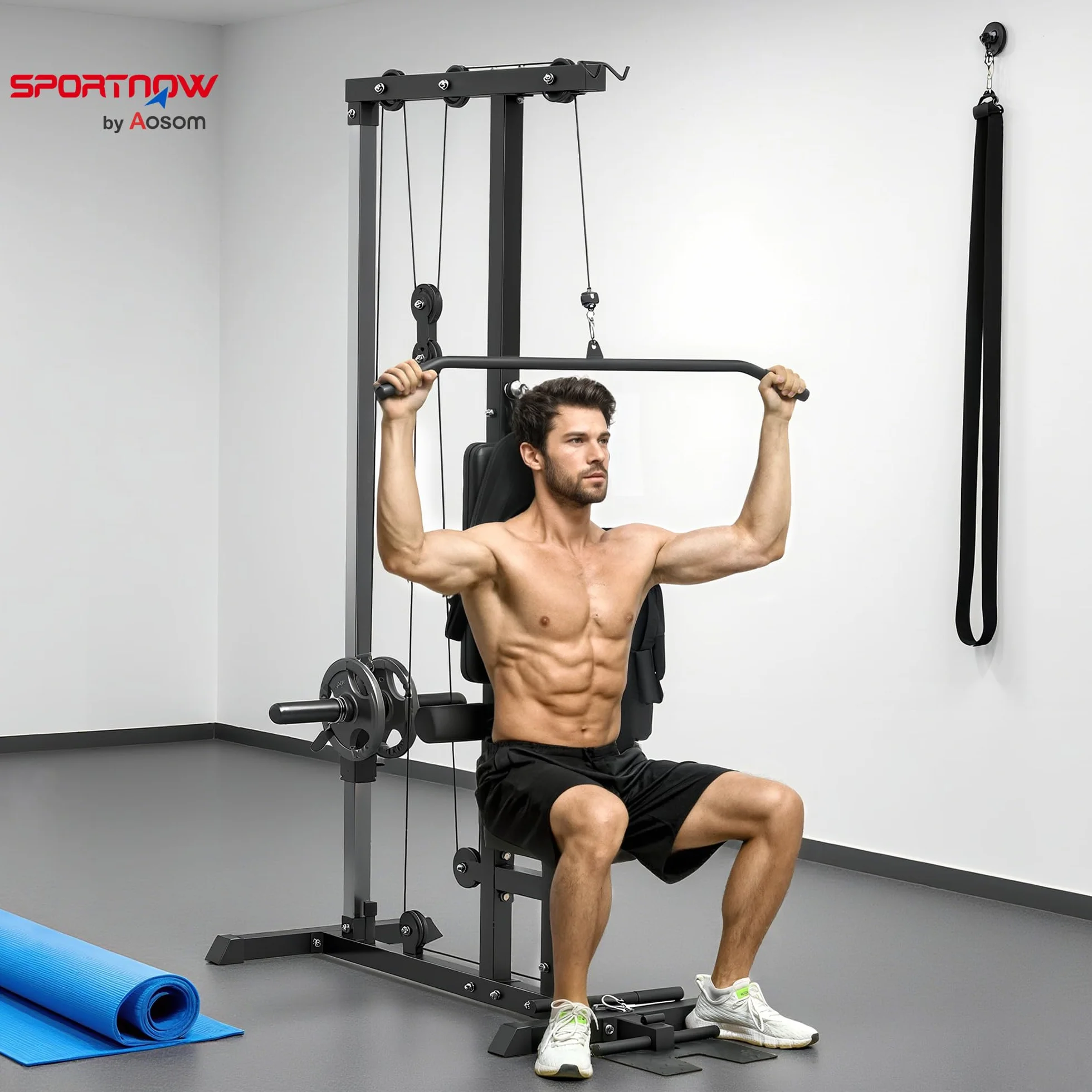 SPORTNOW Máquina Polea Alta y Baja, Máquina de Musculación con Pedales Giratorios y Asiento Ajustable, Multifunción Lat Pulldown para Fitness Entrenamiento en Gimnasio, Hogar, Oficina, Negro