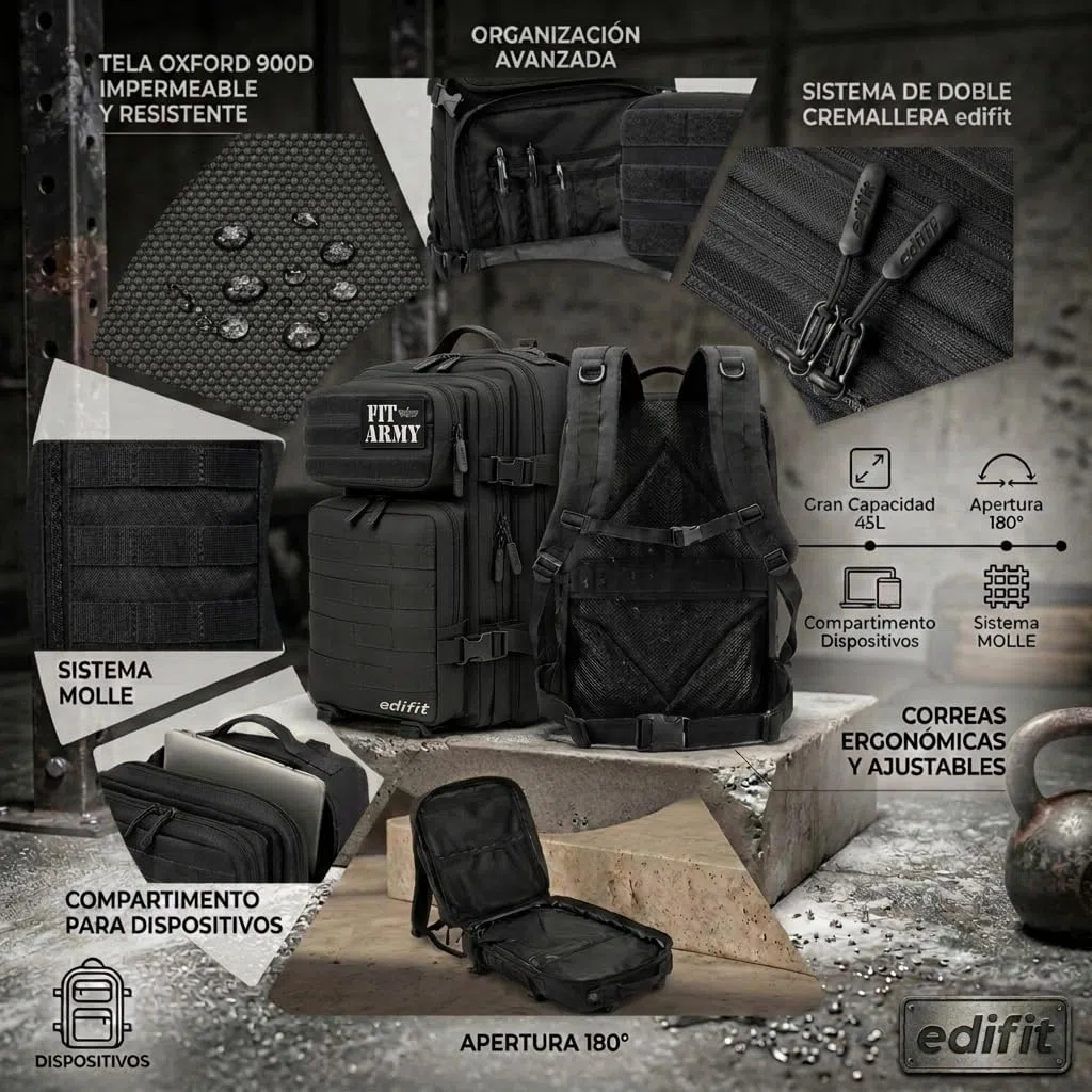 EDIFIT, Mochila Crossfit, 45L, Militar, Tactica, para Gimnasio, Senderismo, Acampada o Supervivencia, Unisex, Impermeable, Resistente, con Multiples Bolsillos