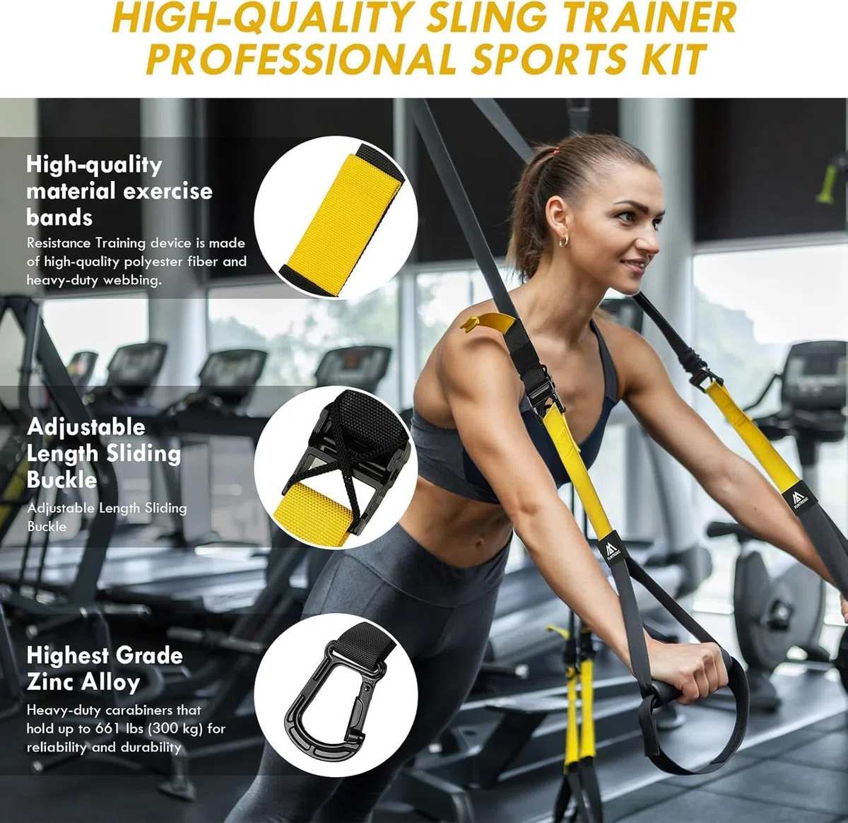 flintronic Juego de Entrenamiento en Suspensión, Correas de Entrenamiento en Suspensión con Asas y Guía de Entrenamiento, para Entrenamiento en Casa y Entrenamiento de Fuerza (Amarillo)