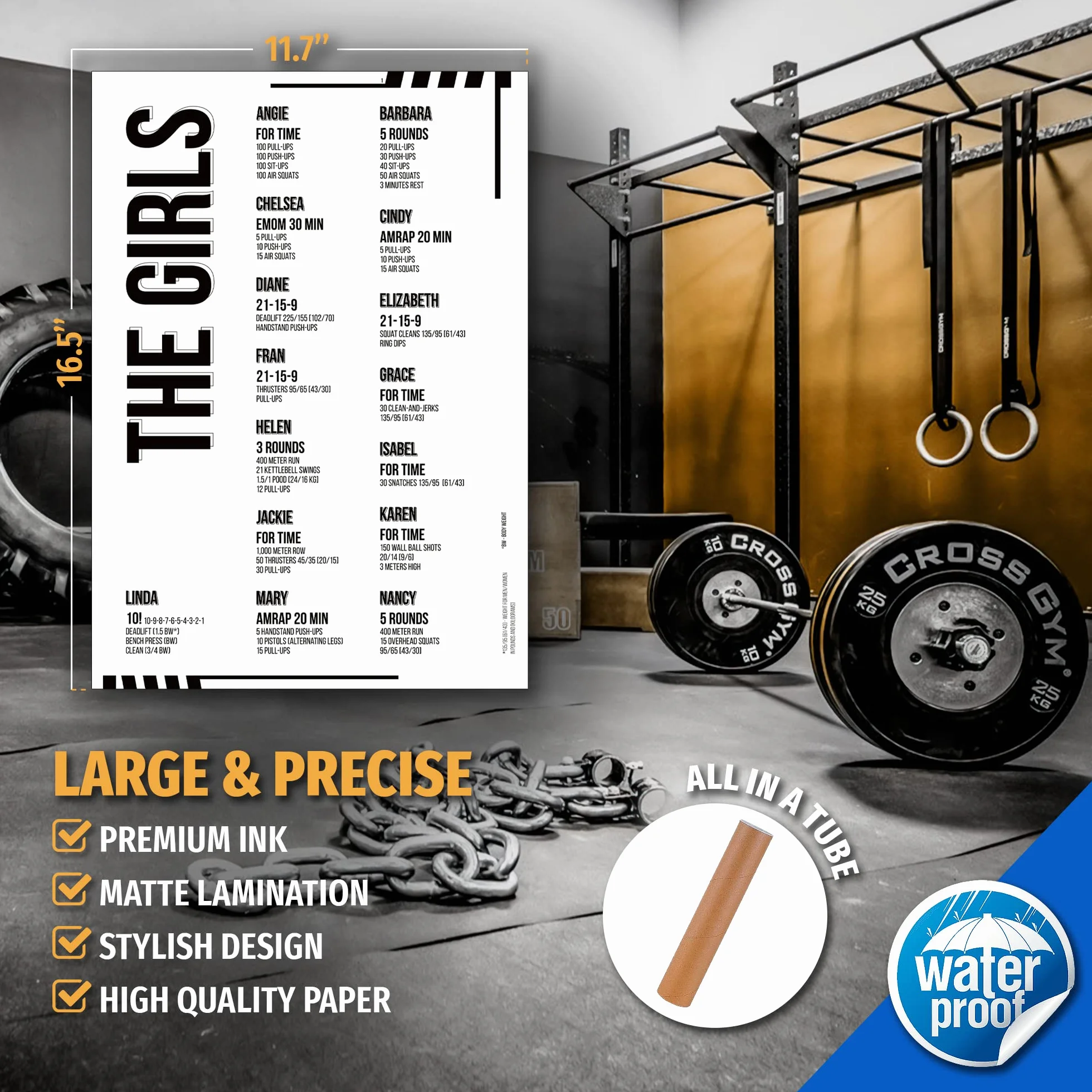 The Girls - Juego de pósteres deportivos con 4 pósteres de entrenamiento con 41 colecciones originales de WODs Cross Training (4 pósteres laminados A3)